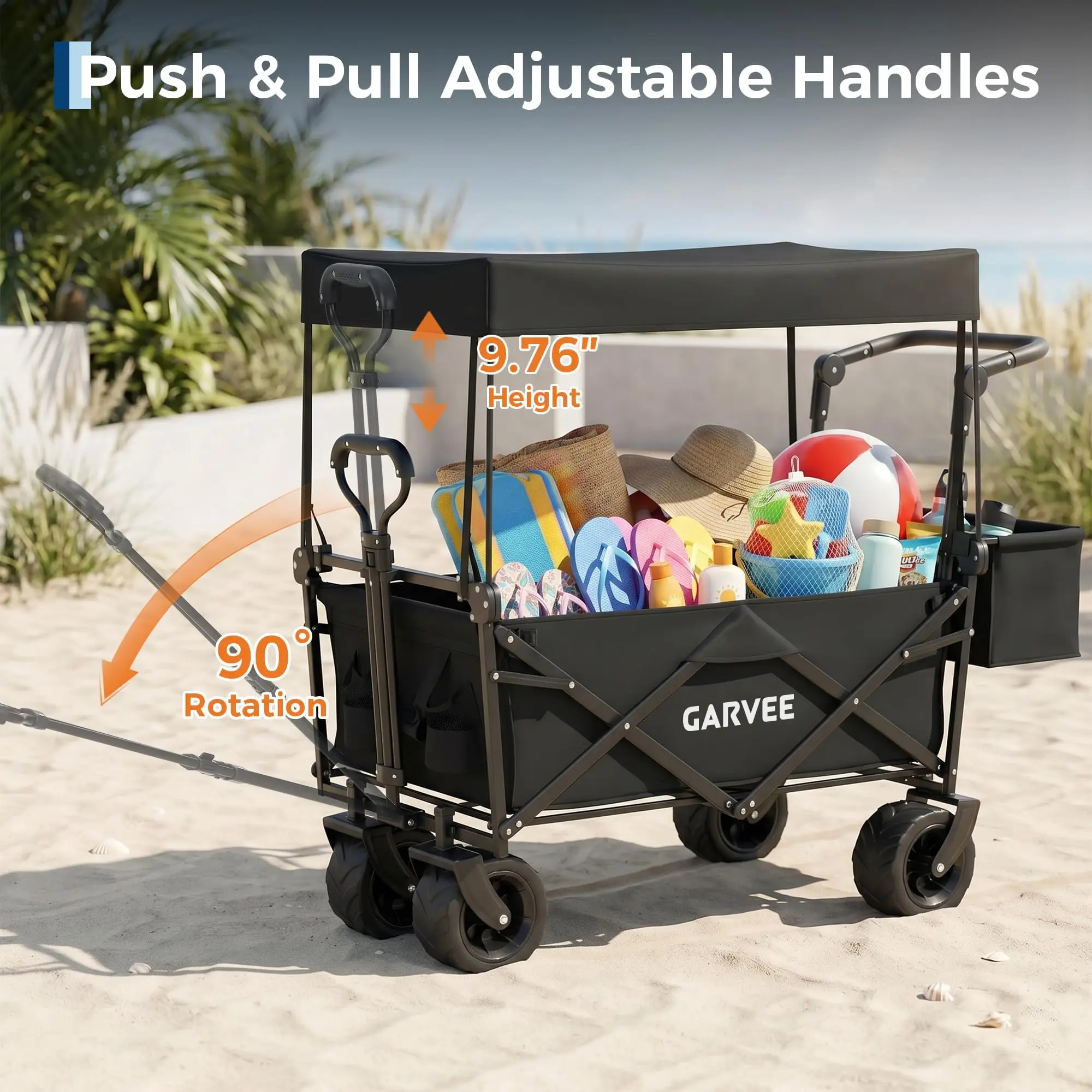 220LB Folding Utility Wagon Cart With Removable Canopy Tailgates Storage Pocket Push Pull Outdoor Beach Camping Garden Grocery Hauler