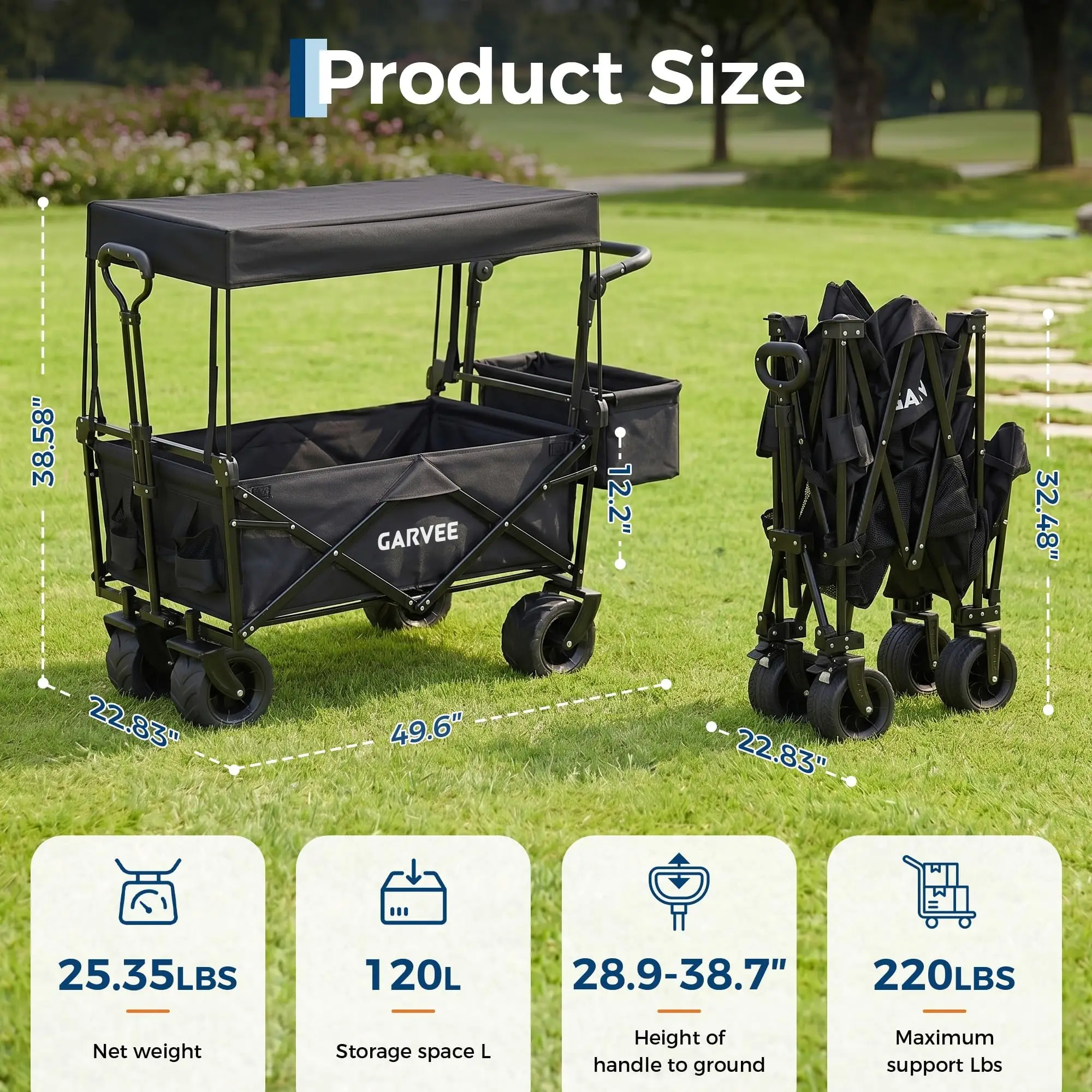 220LB Folding Utility Wagon Cart With Removable Canopy Tailgates Storage Pocket Push Pull Outdoor Beach Camping Garden Grocery Hauler