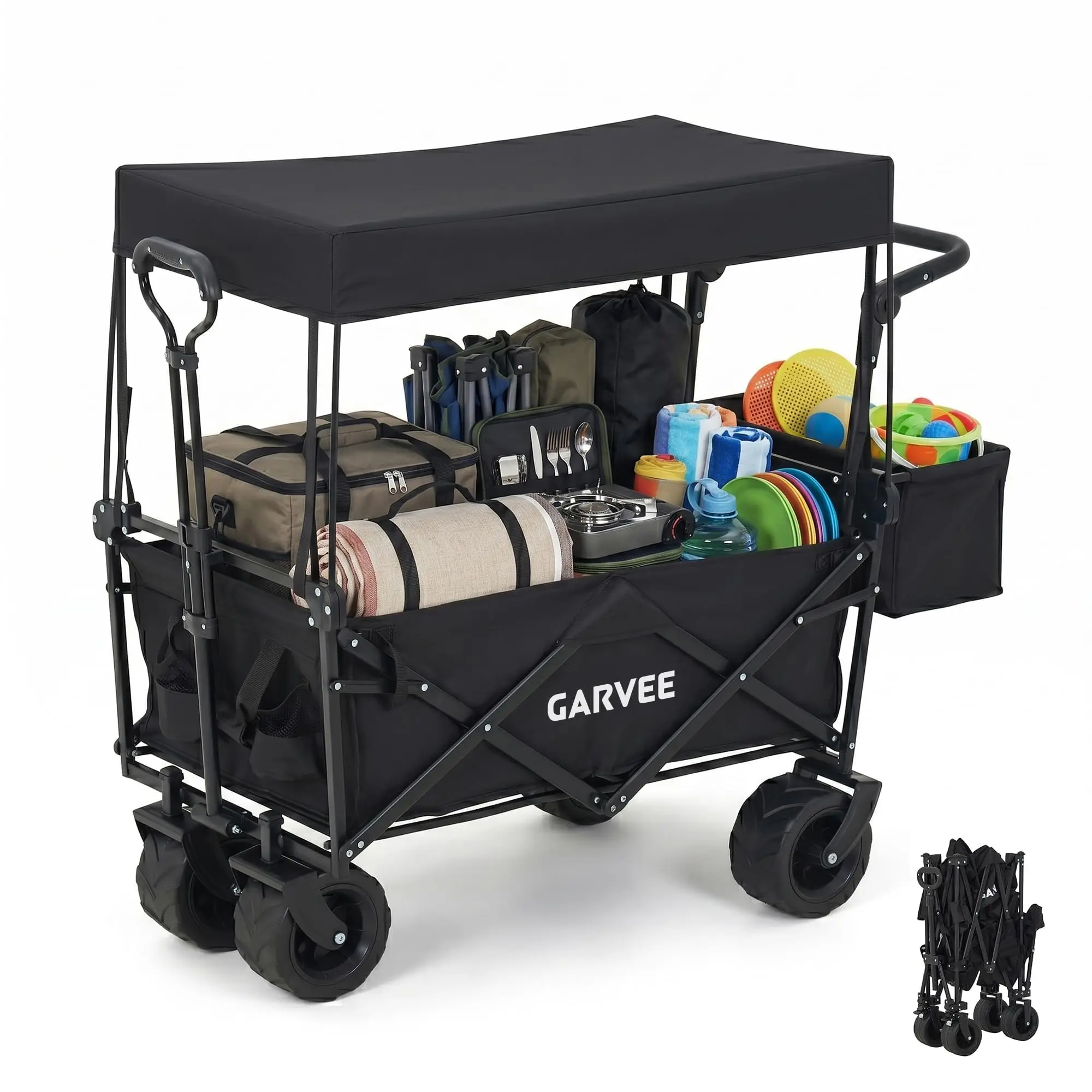 220LB Folding Utility Wagon Cart With Removable Canopy Tailgates Storage Pocket Push Pull Outdoor Beach Camping Garden Grocery Hauler