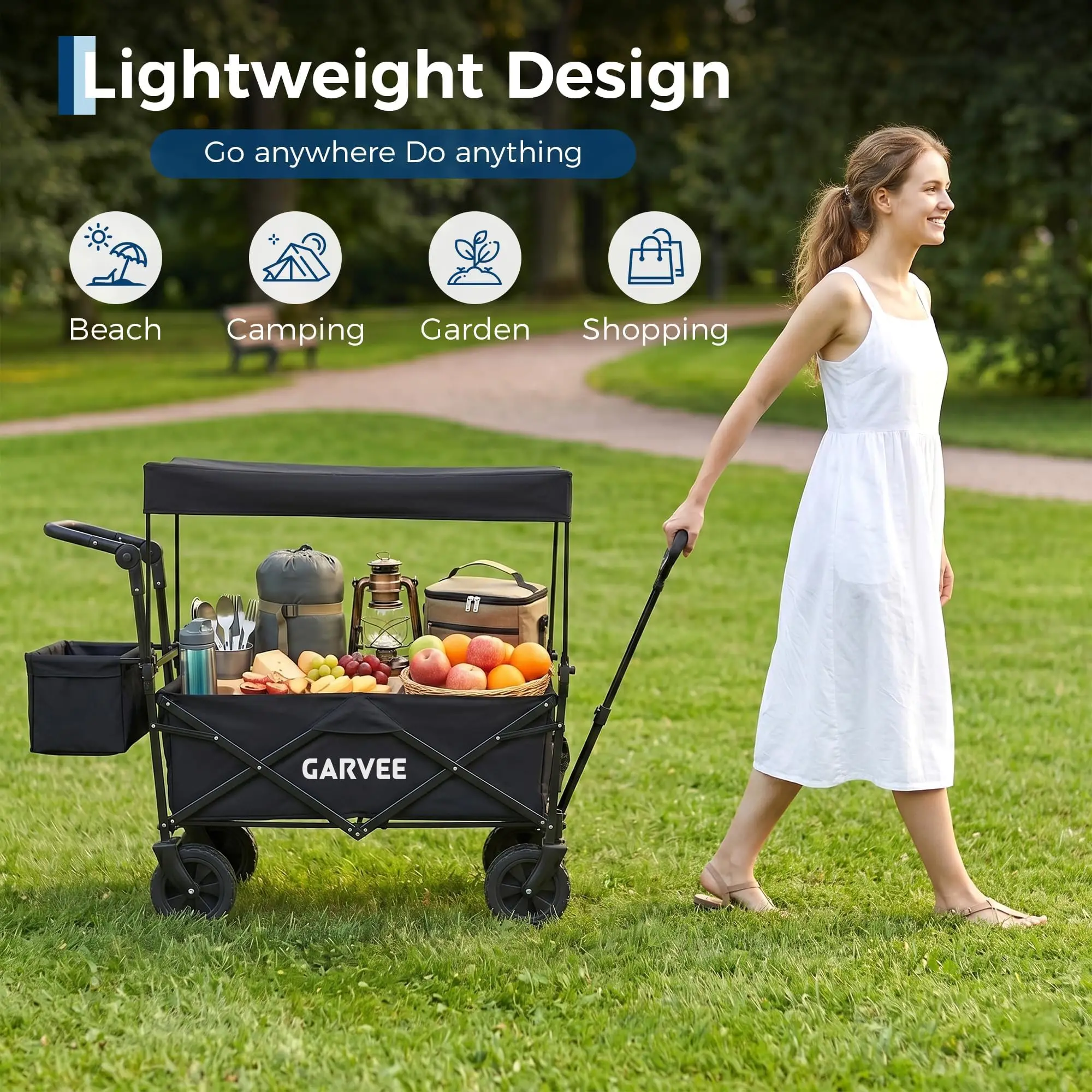 220LB Folding Utility Wagon Cart With Removable Canopy Tailgates Storage Pocket Push Pull Outdoor Beach Camping Garden Grocery Hauler