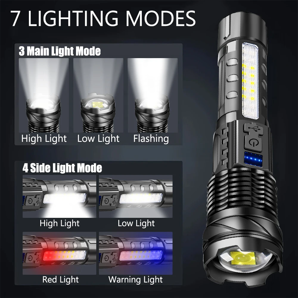 Rechargeable High Power Tactical LED Flashlight, Zoomable Adjustable Focus Long‑Range Strong Light Torch, IPX Waterproof Handheld Flash Lamp for Outdoor Camping Hiking Hunting Emergency Survival Use