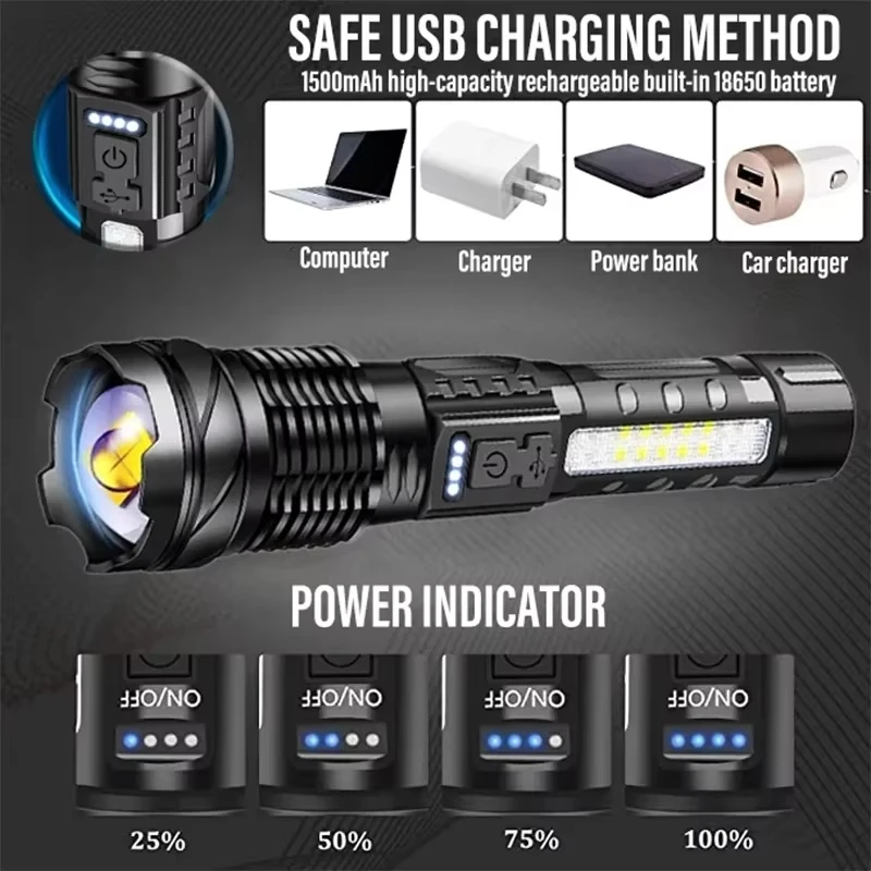 Rechargeable High Power Tactical LED Flashlight, Zoomable Adjustable Focus Long‑Range Strong Light Torch, IPX Waterproof Handheld Flash Lamp for Outdoor Camping Hiking Hunting Emergency Survival Use