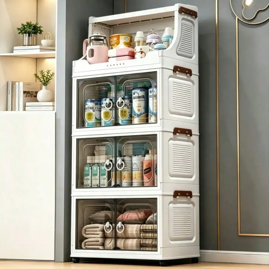 Foldable Storage Bins With Open Shelf, Stackable Mobile Storage Cabinet With Doors, Multifunctional Modular Organizer System With Wheels, Portable Storage Trolley Cart For Entryway, Living Room, Bedroom, Bathroom, Kitchen, Organization And Storage