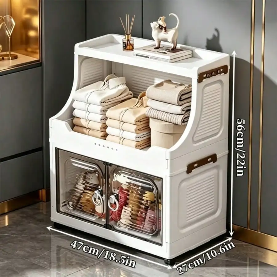 Foldable Storage Bins With Open Shelf, Stackable Mobile Storage Cabinet With Doors, Multifunctional Modular Organizer System With Wheels, Portable Storage Trolley Cart For Entryway, Living Room, Bedroom, Bathroom, Kitchen, Organization And Storage
