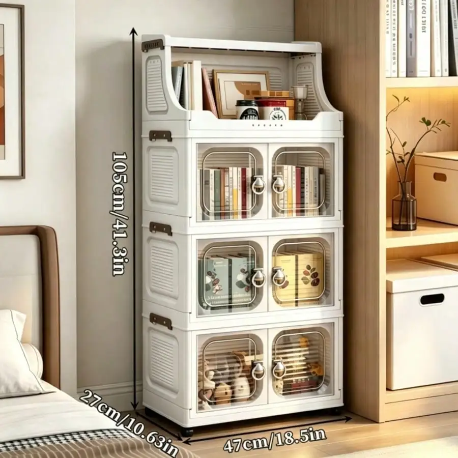 Foldable Storage Bins With Open Shelf, Stackable Mobile Storage Cabinet With Doors, Multifunctional Modular Organizer System With Wheels, Portable Storage Trolley Cart For Entryway, Living Room, Bedroom, Bathroom, Kitchen, Organization And Storage
