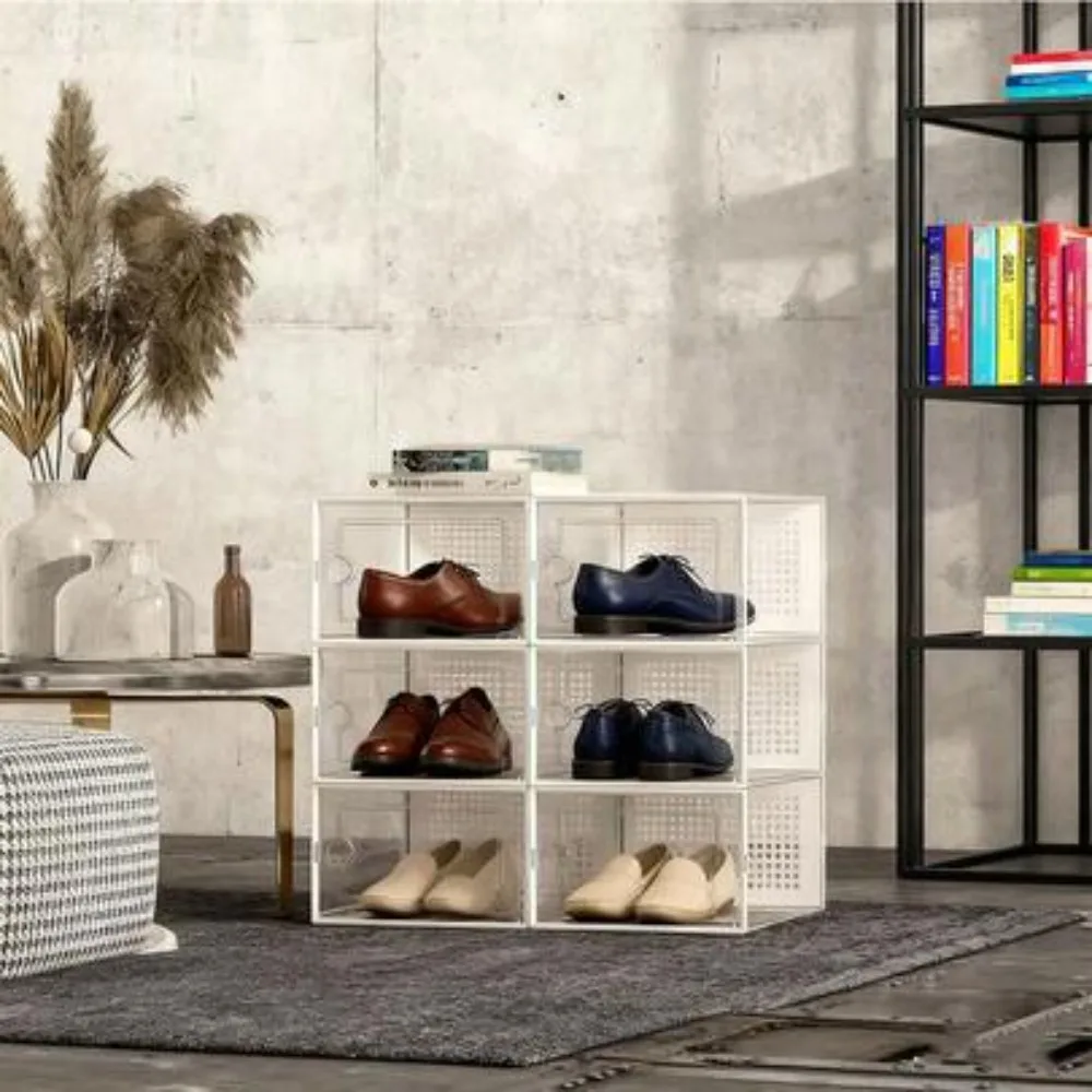 6 12 24 Transparent Plastic Stackable Shoe Rack Foldable Shoe Box Organizer Space Saving Storage Container with Flip Door for Entryway Closet Dorm Room Bathroom Stackable Clear Sneaker Storage Unit