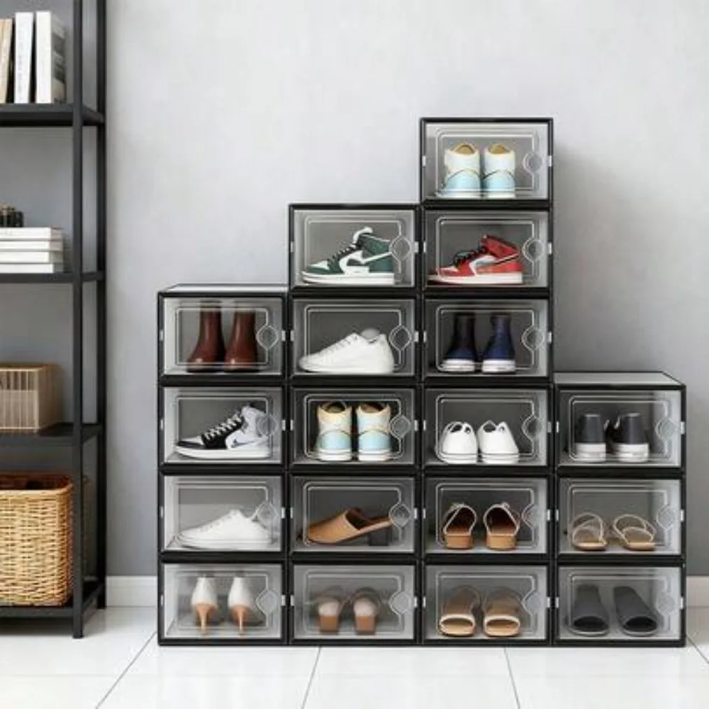 6 12 24 Transparent Plastic Stackable Shoe Rack Foldable Shoe Box Organizer Space Saving Storage Container with Flip Door for Entryway Closet Dorm Room Bathroom Stackable Clear Sneaker Storage Unit