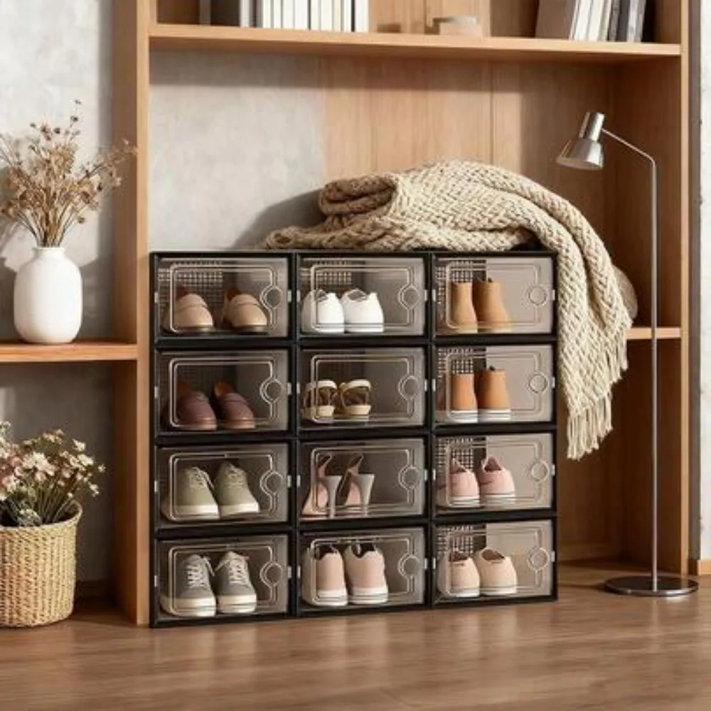 6 12 24 Transparent Plastic Stackable Shoe Rack Foldable Shoe Box Organizer Space Saving Storage Container with Flip Door for Entryway Closet Dorm Room Bathroom Stackable Clear Sneaker Storage Unit