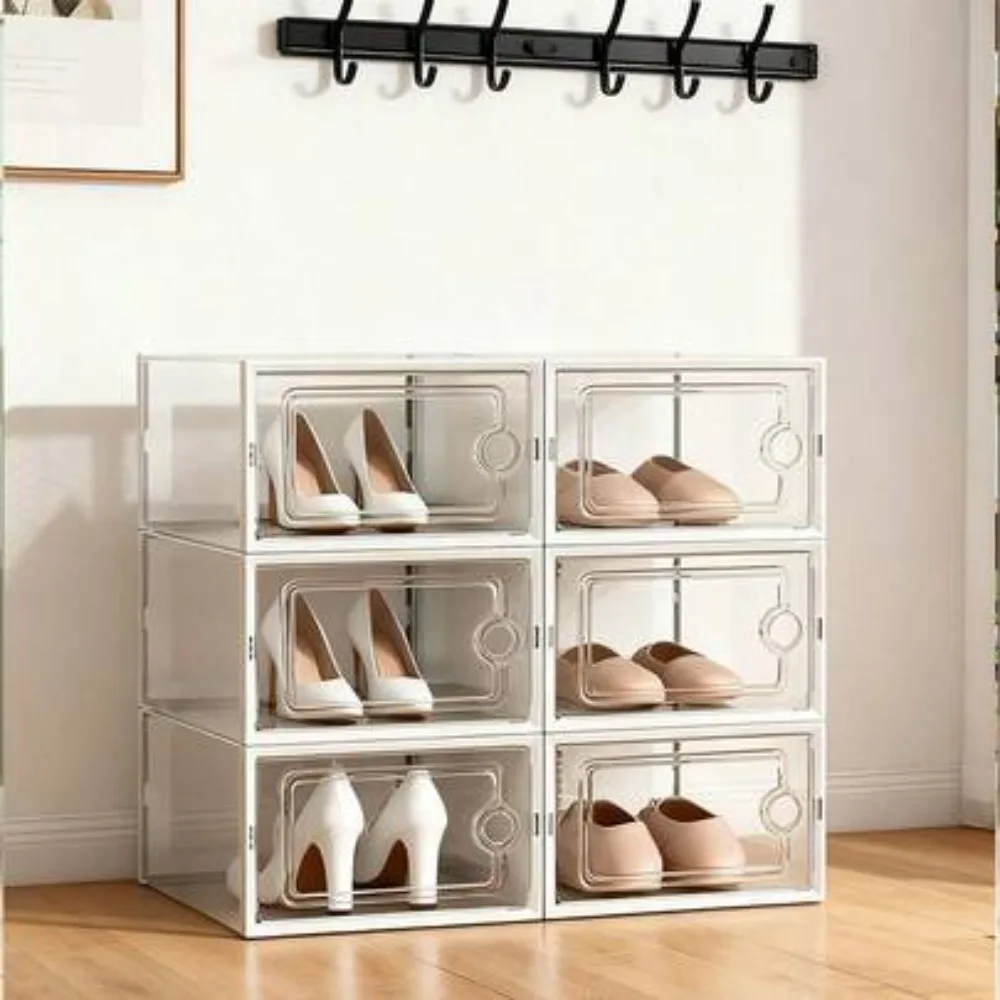 6 12 24 Transparent Plastic Stackable Shoe Rack Foldable Shoe Box Organizer Space Saving Storage Container with Flip Door for Entryway Closet Dorm Room Bathroom Stackable Clear Sneaker Storage Unit