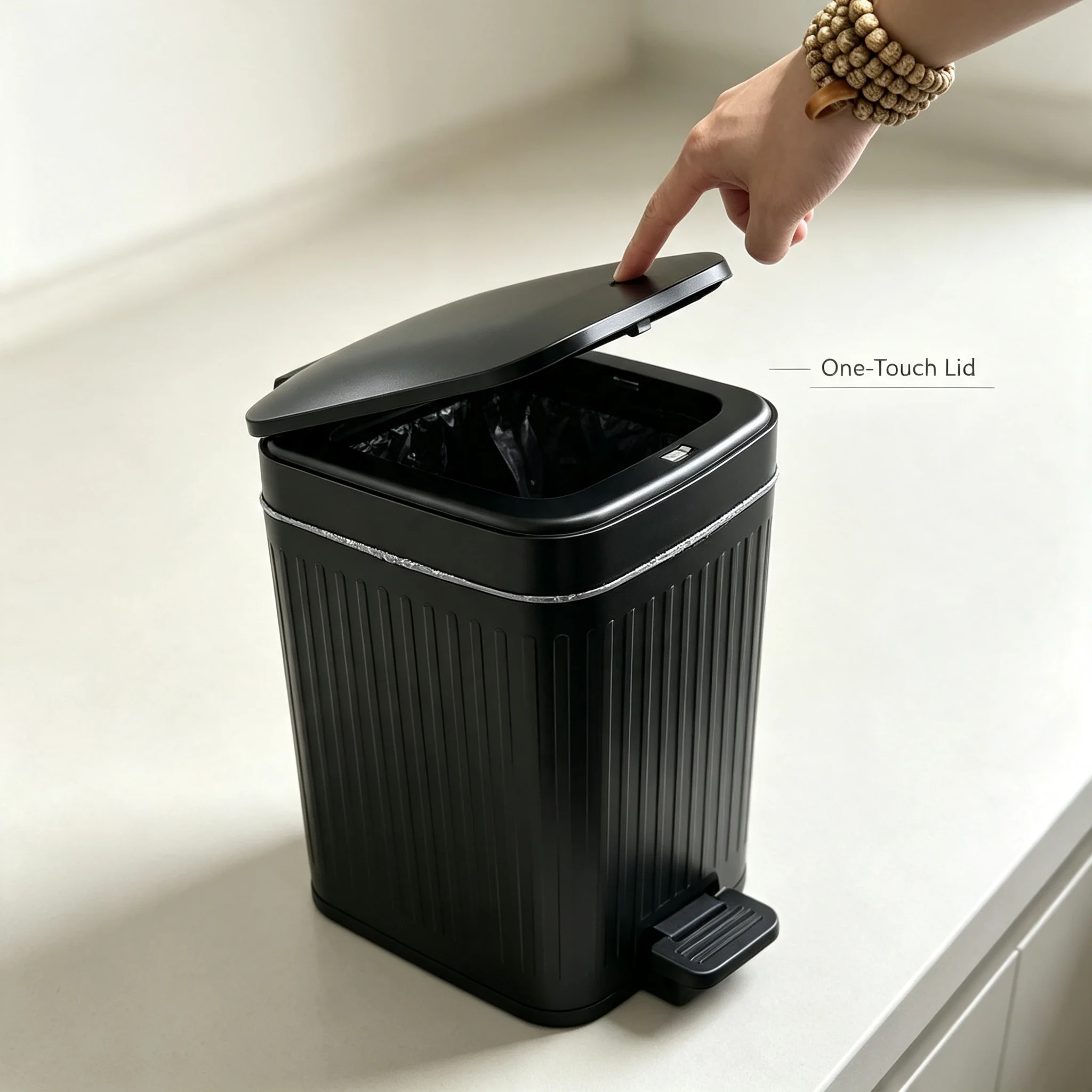 Apartment Dorm Essential Square Pedal Trash Can, Vertical Ribbed Matte Plastic Waste Bin with Bag Fixing Rim, Dual Foot & Press Lid, Odor Blocking Household Garbage Bin for Bedroom, Bathroom & Home Office