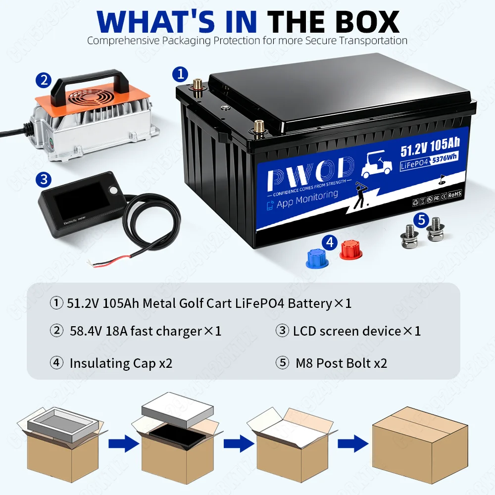 PWOD 48V 105Ah 100AH LiFePO4 Battery, Bluetooth Real-Time Monitoring Golf Cart Battery With Charger, 200A BMS,3A Active Balancing, MAX.5,376Wh, Low-Temp Protection, Rechargeable Lithium Battery