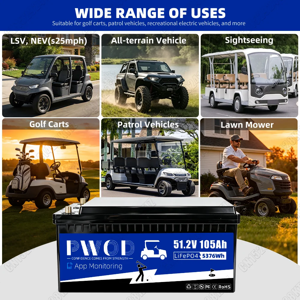 PWOD 48V 105Ah 100AH LiFePO4 Battery, Bluetooth Real-Time Monitoring Golf Cart Battery With Charger, 200A BMS,3A Active Balancing, MAX.5,376Wh, Low-Temp Protection, Rechargeable Lithium Battery