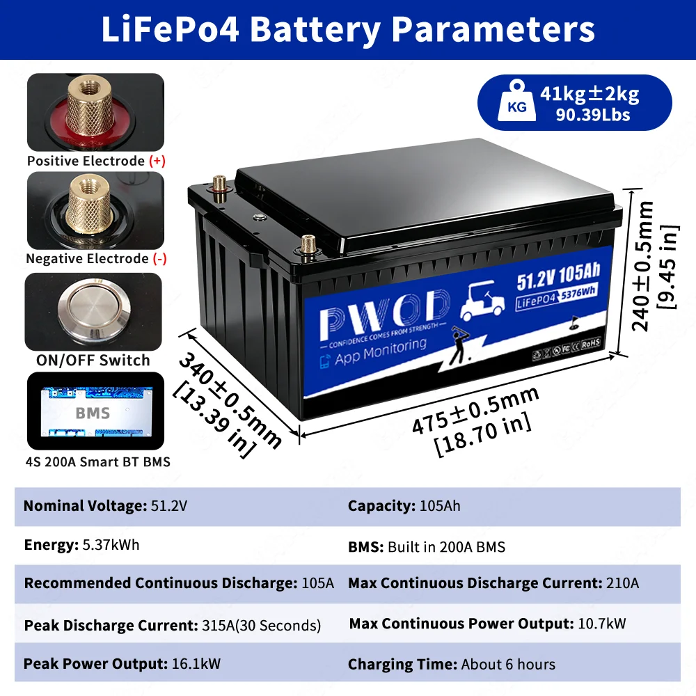 PWOD 48V 105Ah 100AH LiFePO4 Battery, Bluetooth Real-Time Monitoring Golf Cart Battery With Charger, 200A BMS,3A Active Balancing, MAX.5,376Wh, Low-Temp Protection, Rechargeable Lithium Battery