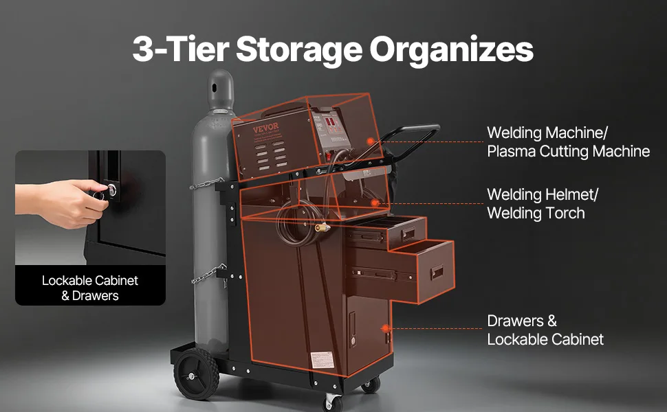 SucceBuy Welding Cart 2 Drawers Welder Cart Heavy Duty Welding Workbench Table with 360° Swivel Wheels Safety Chains Mig Welder