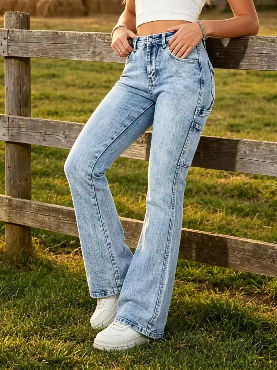 【HME】Jeans | Women Carpenter Pocket Design Denim Pants, High Waist Flare Bootcut Denim Jeans, Light Blue Snow Stone Wash, Tummy Control Butt-Lifting Optimize Waist-Hip Ratio, Flare Hem Lengthen Legs, American Retro Workwear Style, Versatile Casual Pants