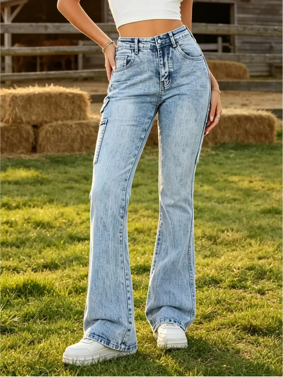 【HME】Jeans | Women Carpenter Pocket Design Denim Pants, High Waist Flare Bootcut Denim Jeans, Light Blue Snow Stone Wash, Tummy Control Butt-Lifting Optimize Waist-Hip Ratio, Flare Hem Lengthen Legs, American Retro Workwear Style, Versatile Casual Pants