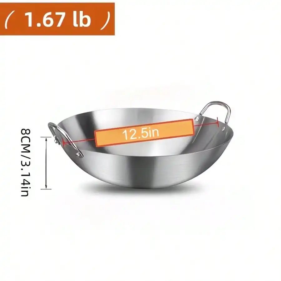 PQSQRJU 316 Stainless Steel Wok Pan And Fryer, Heavy-Duty Professional, Non-Stick Surface Even Heat Distribution, Compatible With Gas Electric Induction Stoves, Durable Construction Versatile Cooking Pot, Ergonomic Handle Design Polished End