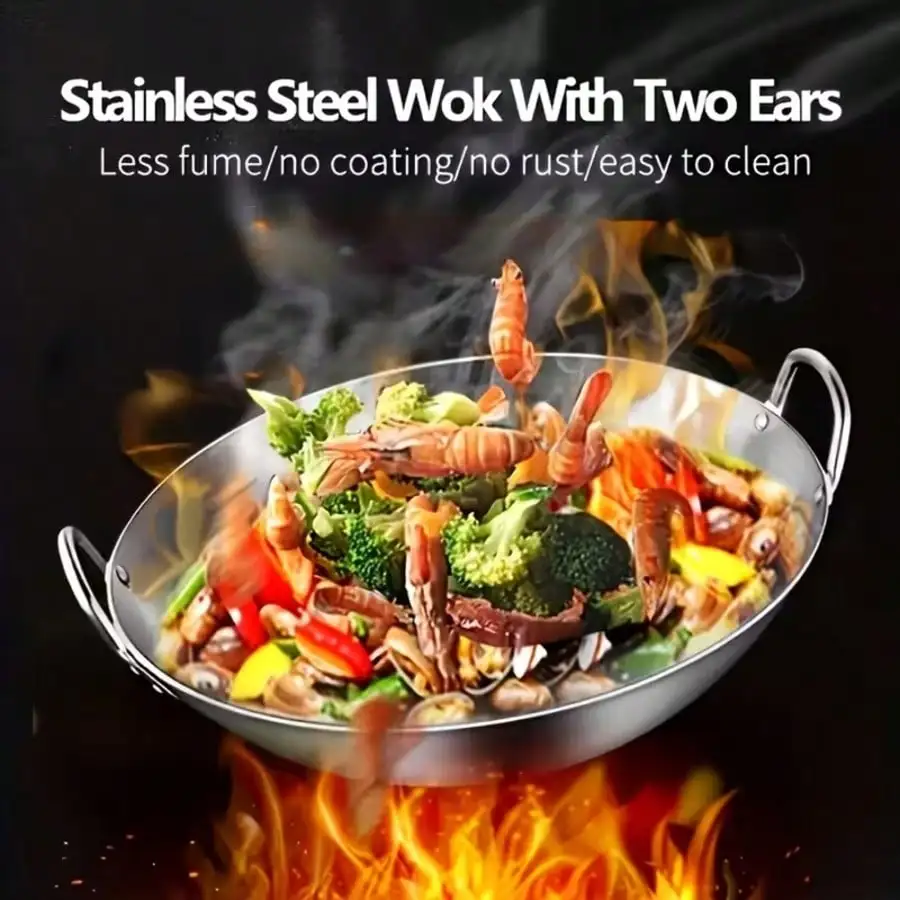 PQSQRJU 316 Stainless Steel Wok Pan And Fryer, Heavy-Duty Professional, Non-Stick Surface Even Heat Distribution, Compatible With Gas Electric Induction Stoves, Durable Construction Versatile Cooking Pot, Ergonomic Handle Design Polished End