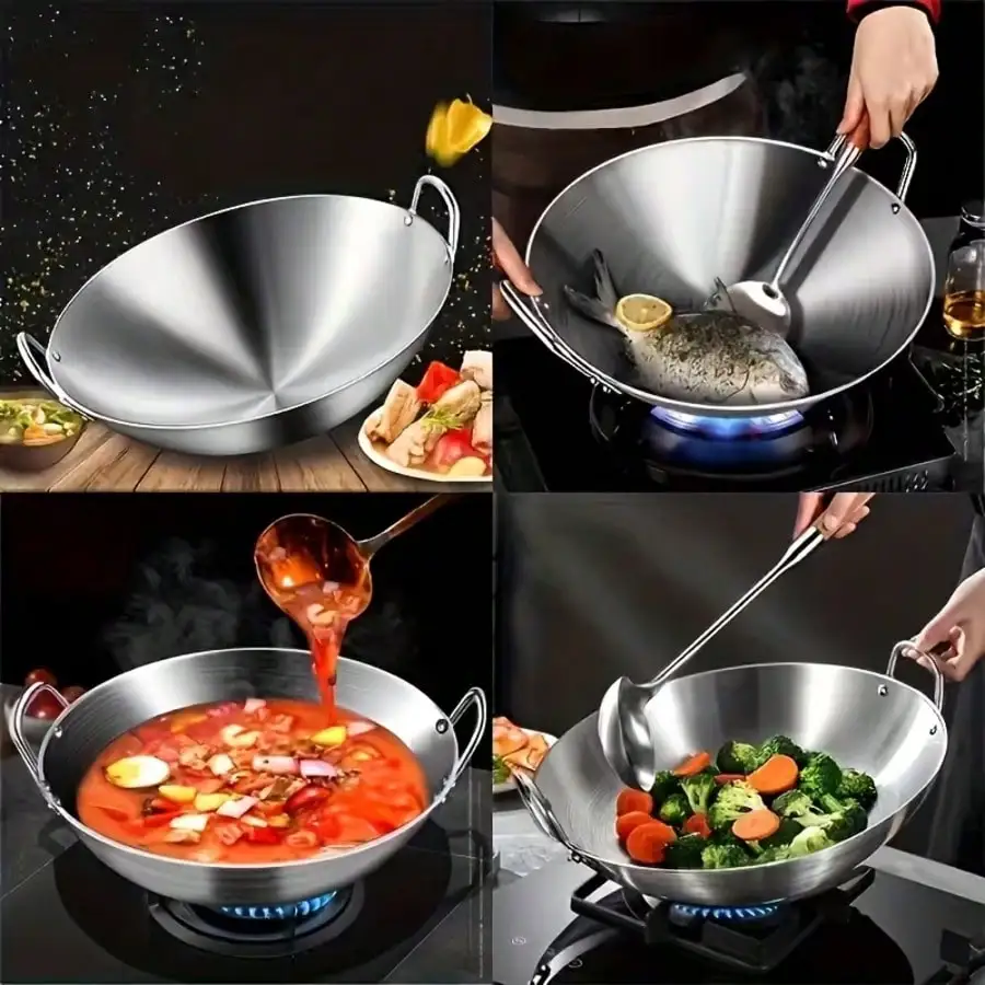 PQSQRJU 316 Stainless Steel Wok Pan And Fryer, Heavy-Duty Professional, Non-Stick Surface Even Heat Distribution, Compatible With Gas Electric Induction Stoves, Durable Construction Versatile Cooking Pot, Ergonomic Handle Design Polished End