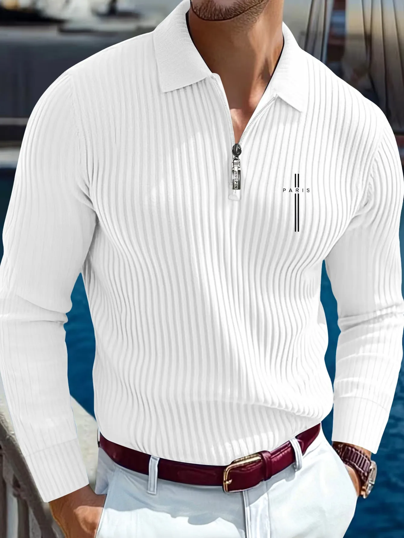 Men's European Style Slim Fit Pique Knit Sweater with Half-Zip Collar Long Sleeve Versatile Polo for Yacht Vacation Commute