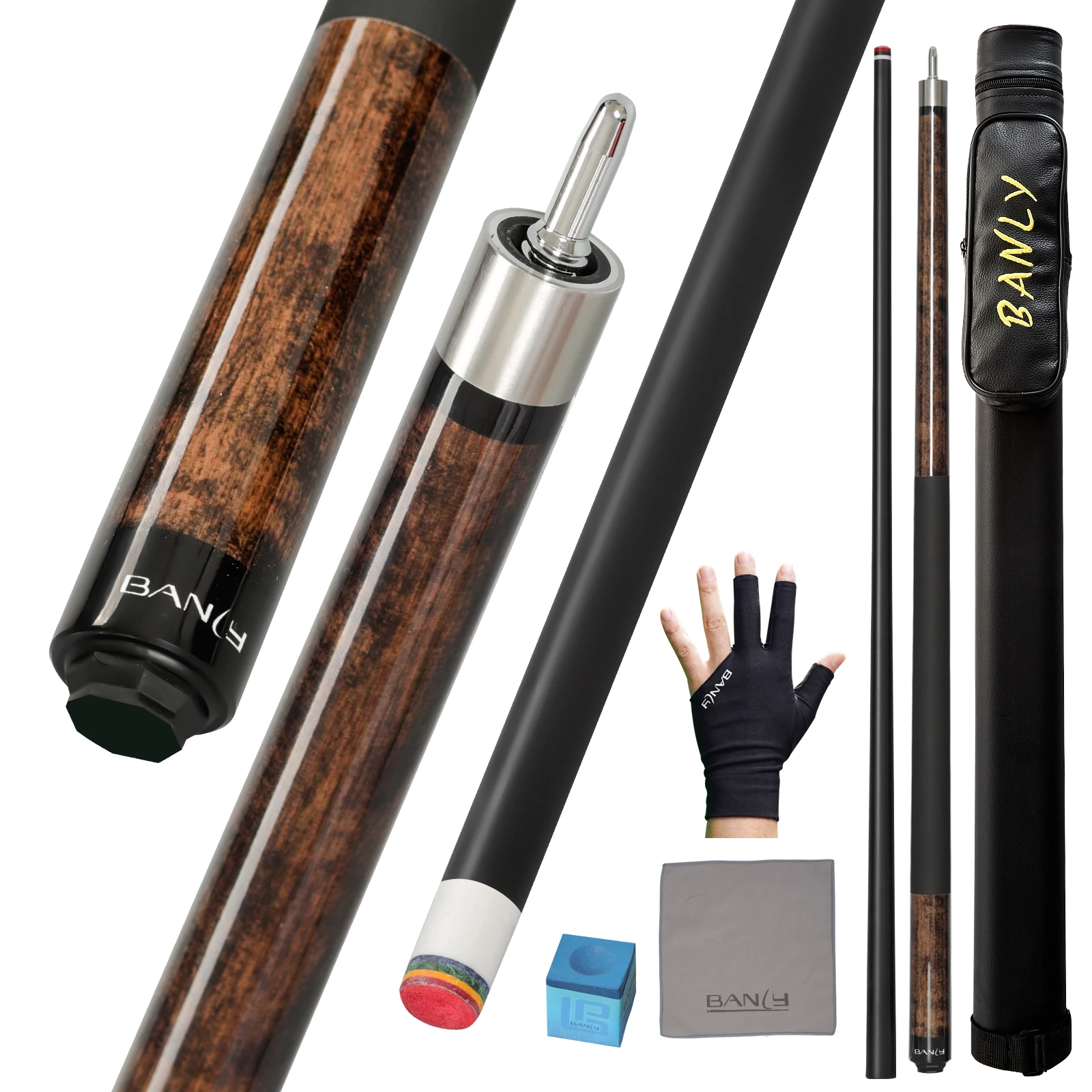 Banly Black Technology Pool Cue Stick with Case, Low Deflection Shaft and 12.5mm Tip, Uni-Loc Joint, Piano Lacquer Finish, Pool Cue Set with Glove, Chalk & Towel