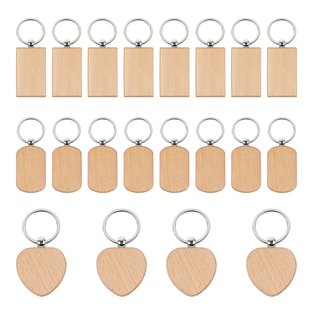 20Pcs Mixed Shape Blank Wooden Keychains Unfinished Wood Key Tags for Laser Engraving DIY Crafts Custom Name Logo Wholesale Gift Making