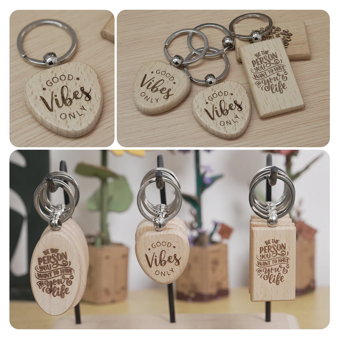 20Pcs Mixed Shape Blank Wooden Keychains Unfinished Wood Key Tags for Laser Engraving DIY Crafts Custom Name Logo Wholesale Gift Making