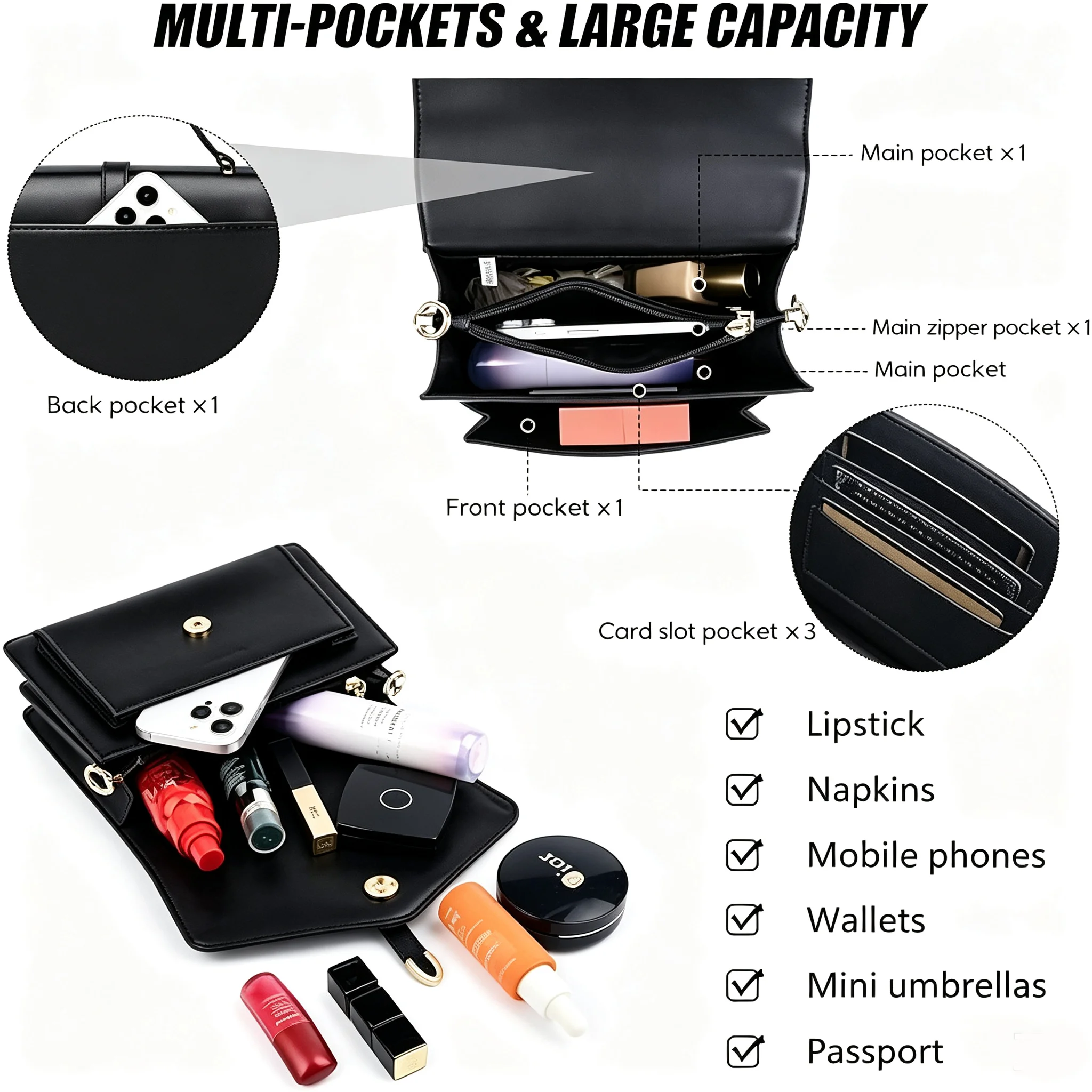 Women PU Leather Handbag Elegant Flap Square Shoulder Bag Metal Buckle Multi‑pocket Large Capacity Crossbody Purse Daily Work Office Satchel Bag