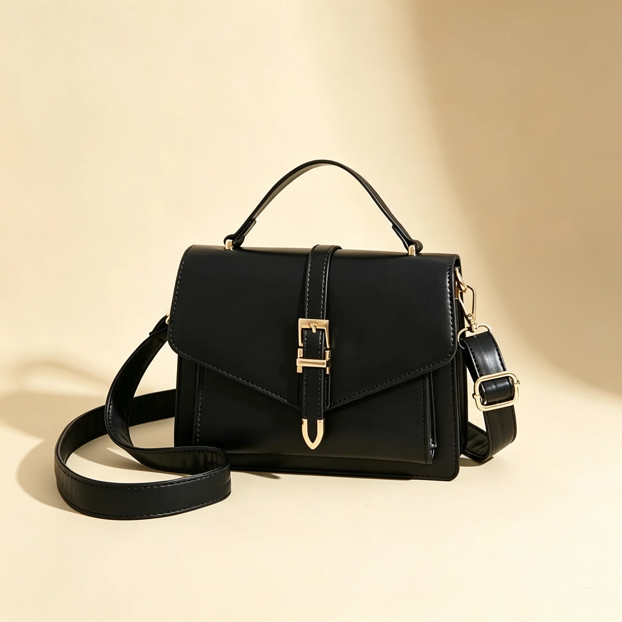 Women PU Leather Handbag Elegant Flap Square Shoulder Bag Metal Buckle Multi‑pocket Large Capacity Crossbody Purse Daily Work Office Satchel Bag