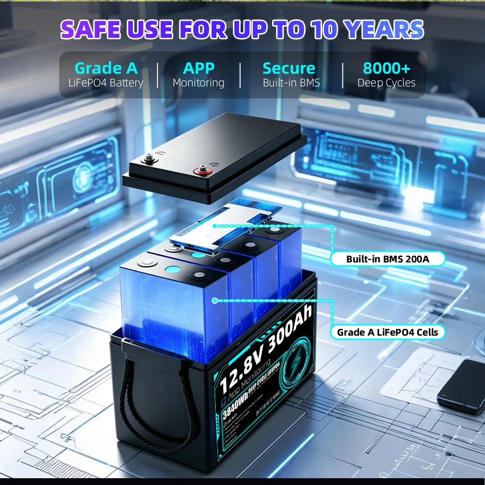 8000+ Cycles 12V 300Ah LiFePO4 Battery Grade A Built-in BT BMS 12.8V US Stock DIY 24V 48V For RV EV Golf Cart Solar Camping Yacht