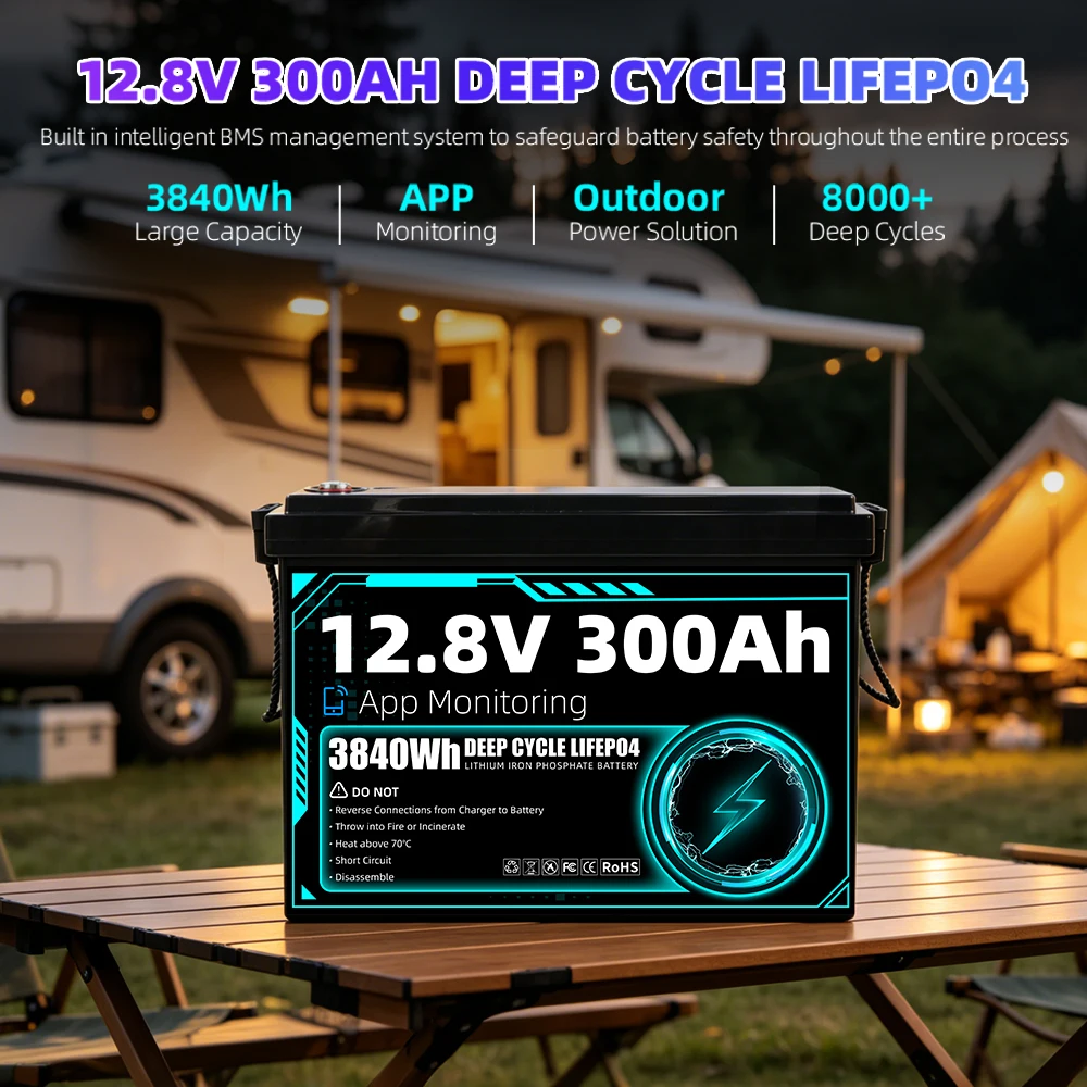 8000+ Cycles 12V 300Ah LiFePO4 Battery Grade A Built-in BT BMS 12.8V US Stock DIY 24V 48V For RV EV Golf Cart Solar Camping Yacht