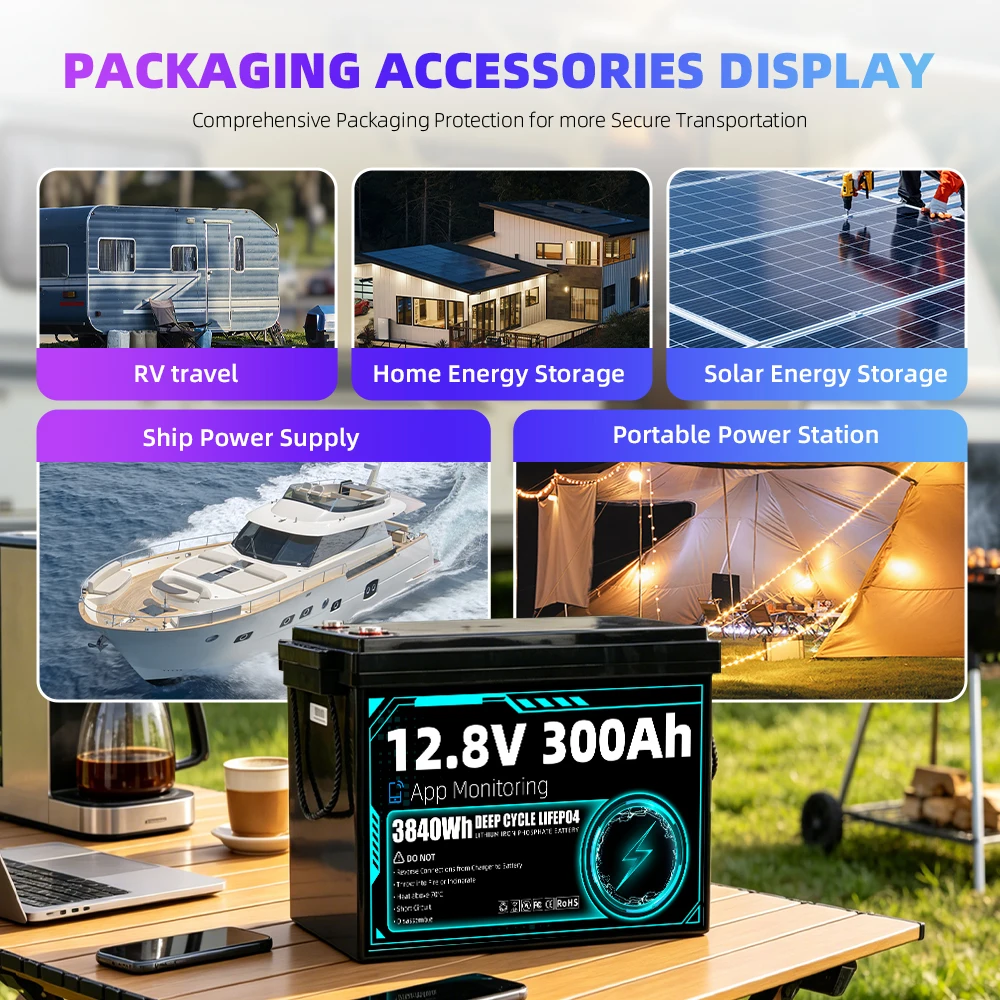 8000+ Cycles 12V 300Ah LiFePO4 Battery Grade A Built-in BT BMS 12.8V US Stock DIY 24V 48V For RV EV Golf Cart Solar Camping Yacht