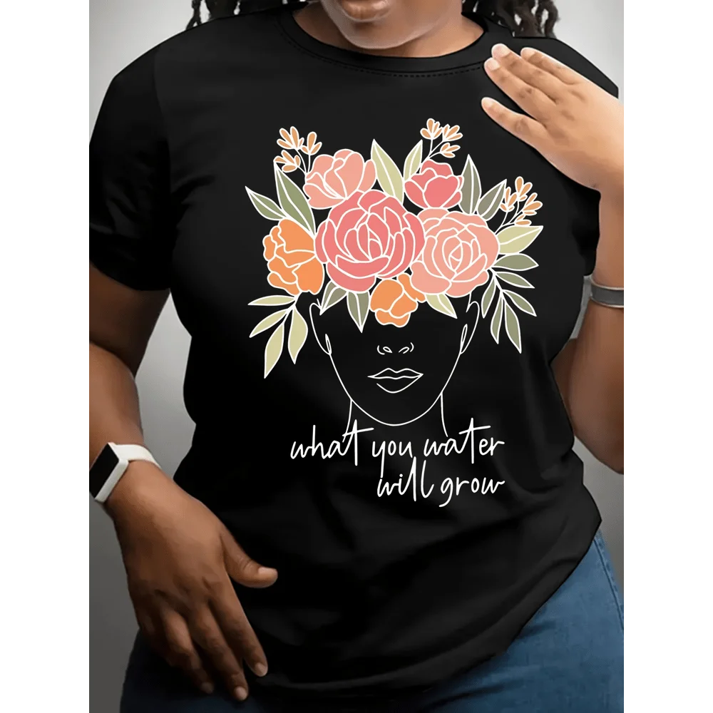 Plus Size Women Graphic T‑Shirt Floral Face Print Oversized Fit Short Sleeve Tee Casual Spring Summer Everyday Outfit Top