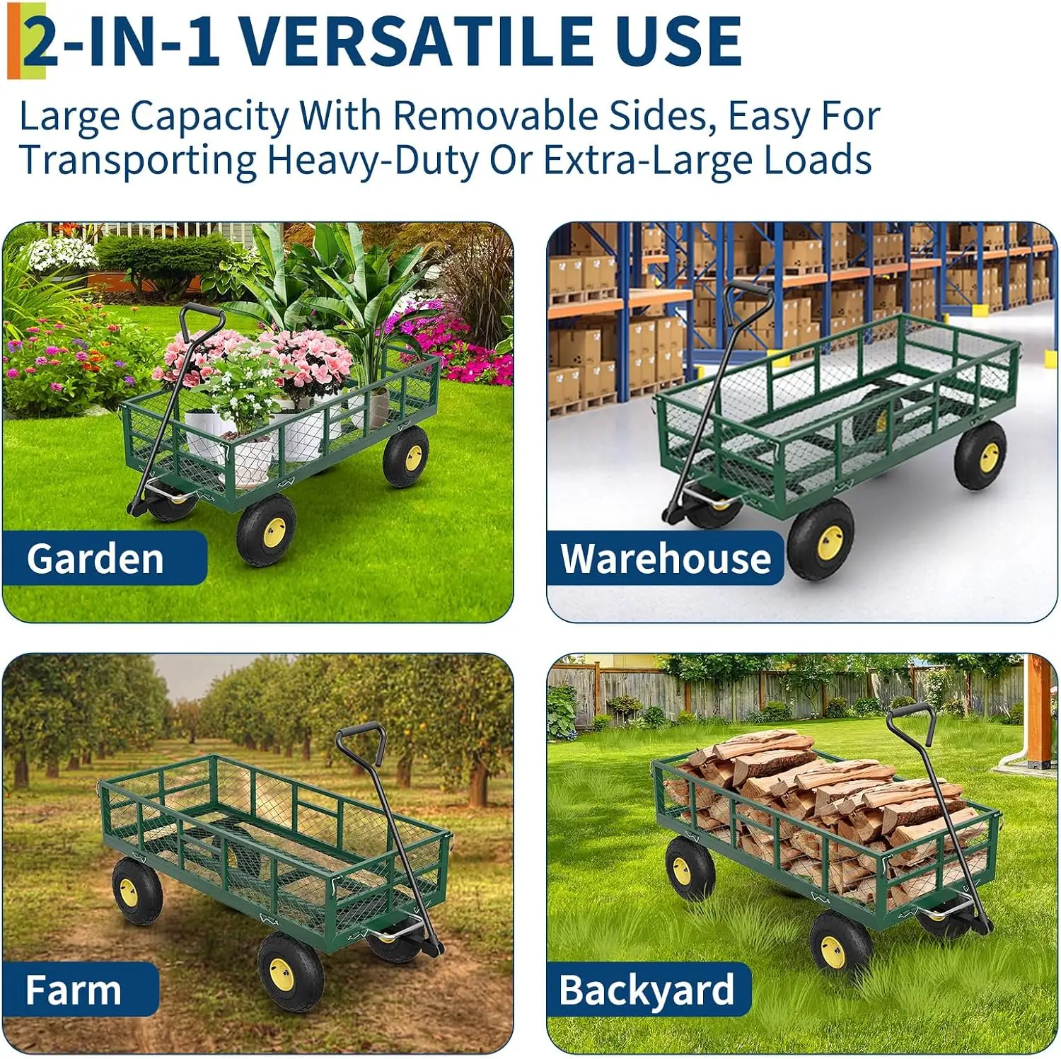 Garvee 900 lb Heavy Duty Steel Garden Dump Cart Utility Yard Wago Removable Mesh Sides 10" Pneumatic Tires 180° Swivel Handle Outdoor Lawn & Farm Haulin