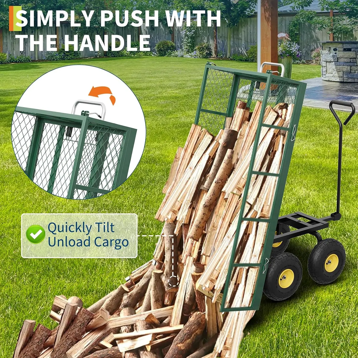 Garvee 900 lb Heavy Duty Steel Garden Dump Cart Utility Yard Wago Removable Mesh Sides 10" Pneumatic Tires 180° Swivel Handle Outdoor Lawn & Farm Haulin