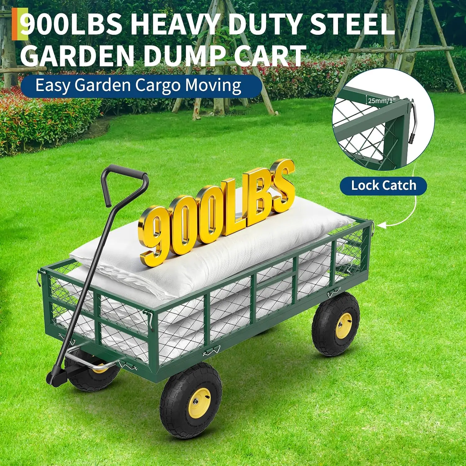 Garvee 900 lb Heavy Duty Steel Garden Dump Cart Utility Yard Wago Removable Mesh Sides 10" Pneumatic Tires 180° Swivel Handle Outdoor Lawn & Farm Haulin