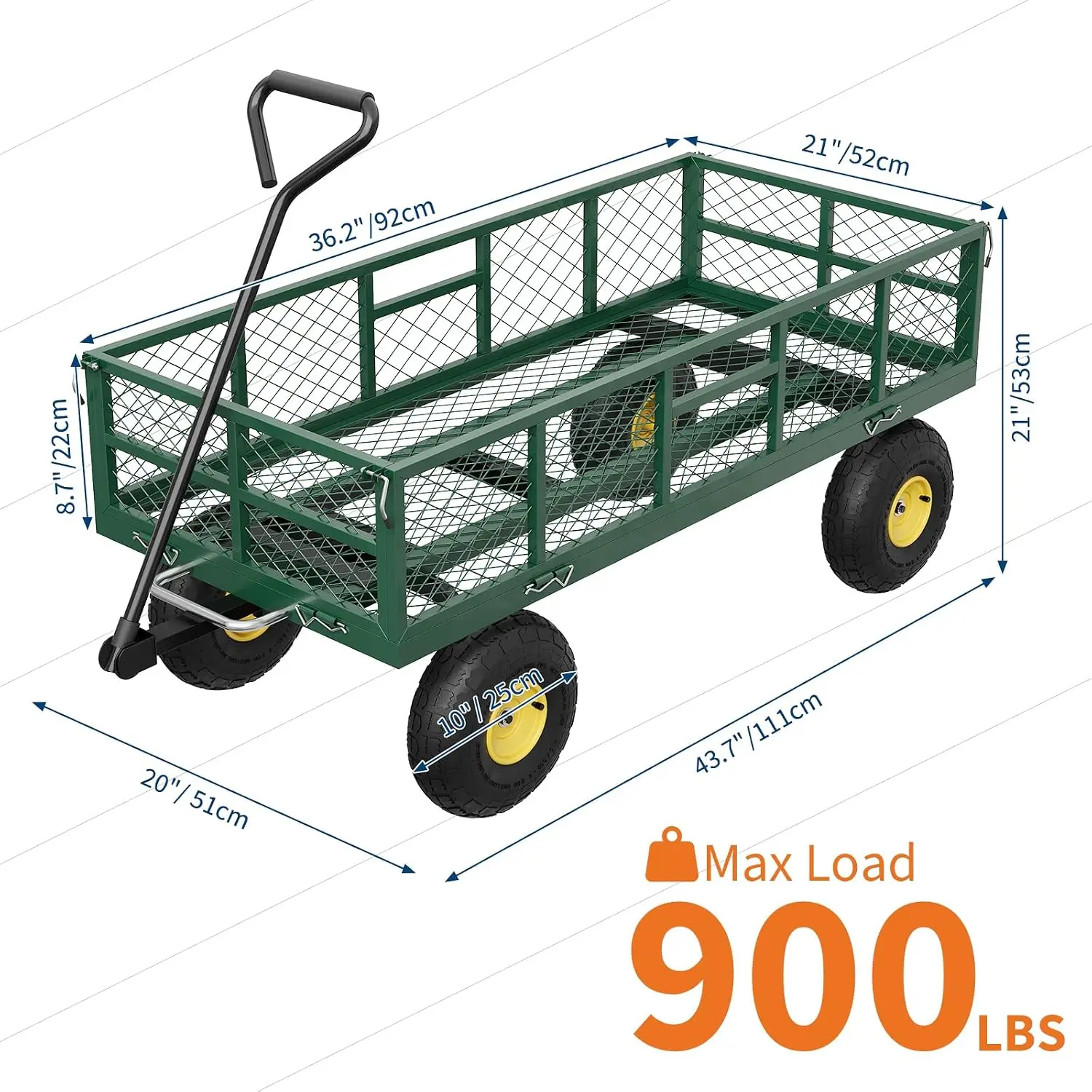 Garvee 900 lb Heavy Duty Steel Garden Dump Cart Utility Yard Wago Removable Mesh Sides 10" Pneumatic Tires 180° Swivel Handle Outdoor Lawn & Farm Haulin
