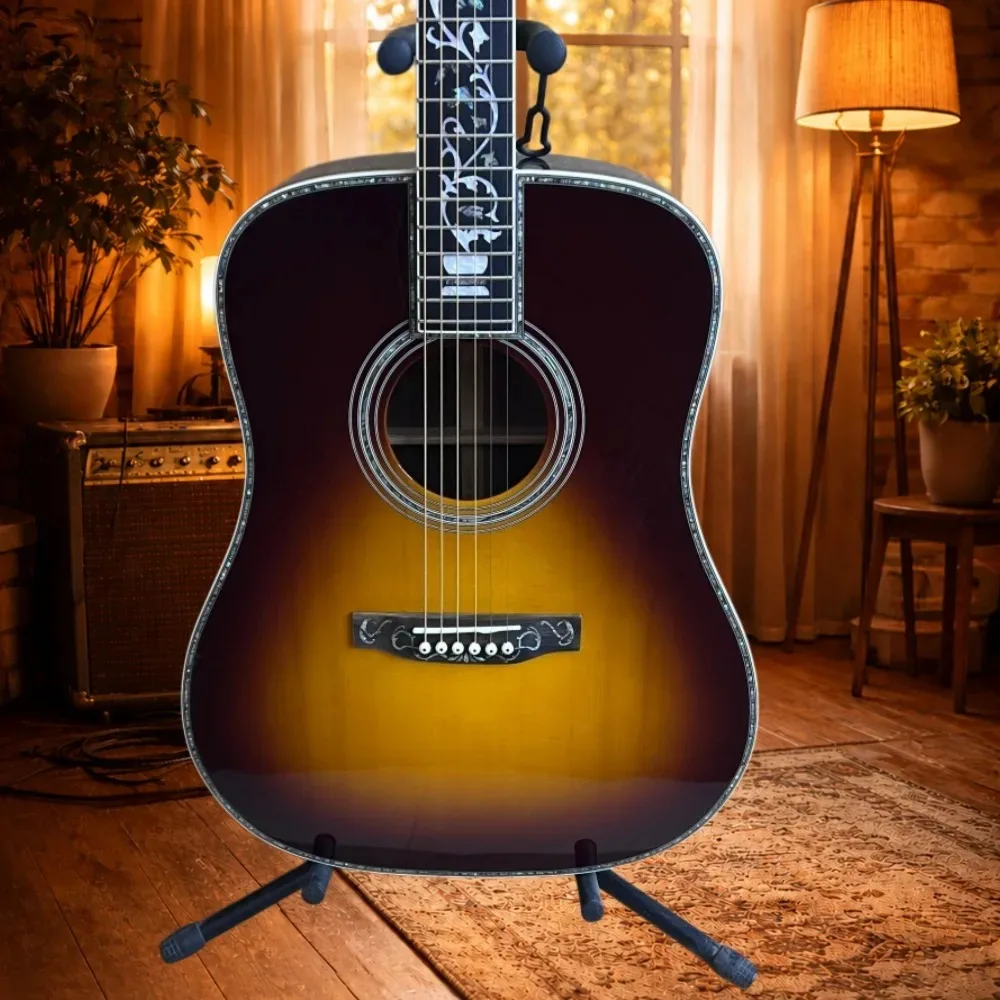 Sunset Burst Color Dreadnought Shape Style Model 41 Inch 6‑String Acoustic Guitar Acoustic Guitar Gloss Finish Vine Floral Inlay Ornate Binding Luxury Collection Stage Performance Wood Guitar