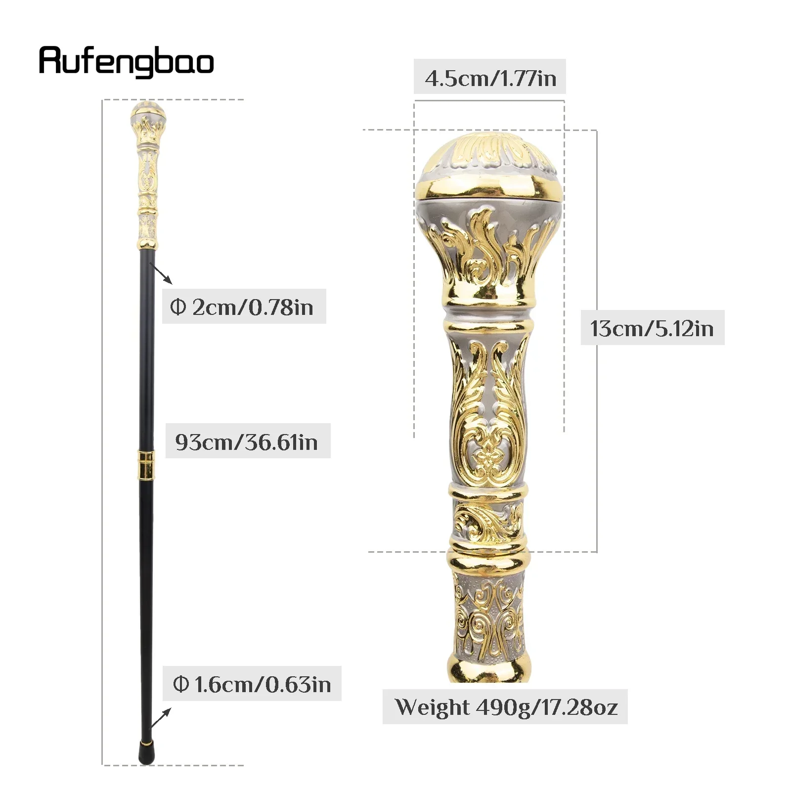 Golden Grey Luxury Round Handle Fashion Stick for Party Decorative Walking Cane Performance stage Cane 93cm