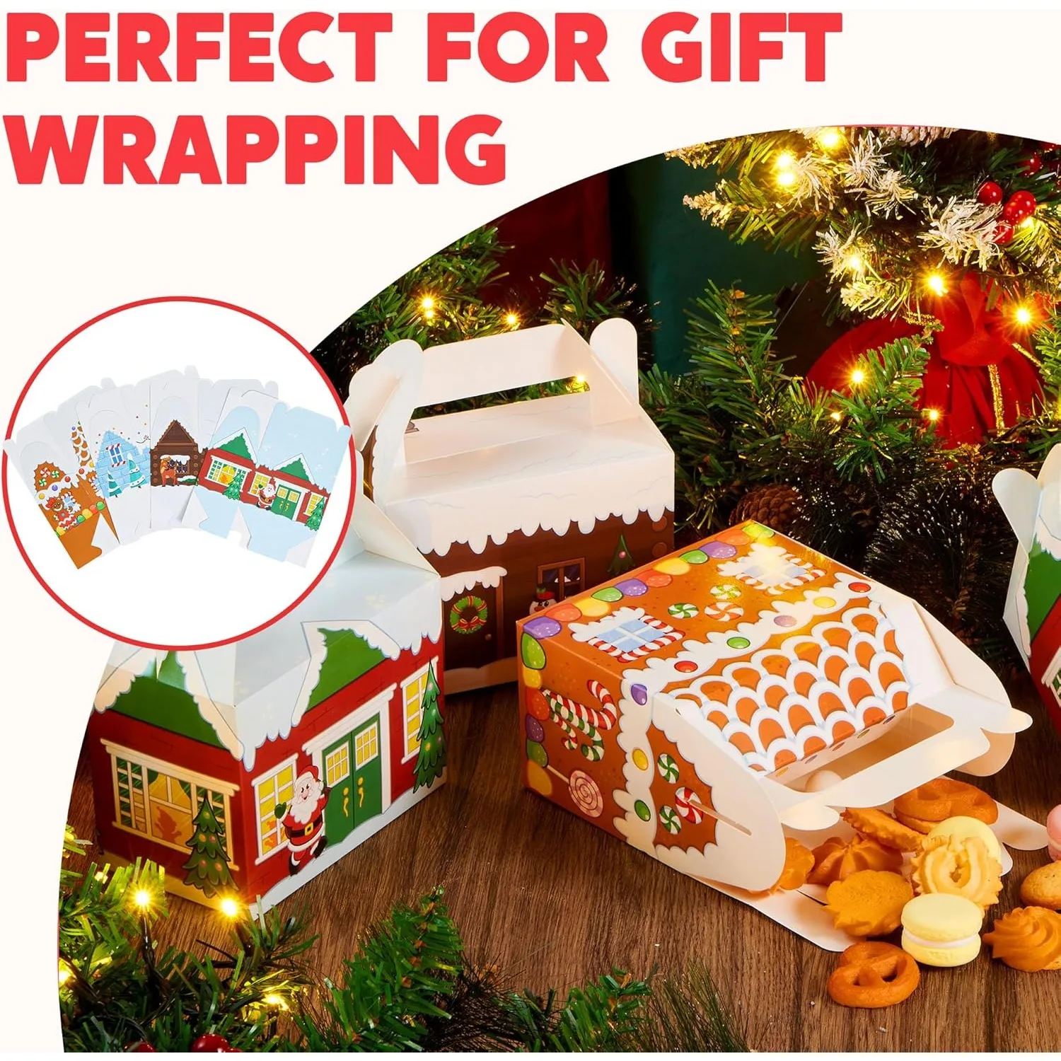24 PCS 3D Christmas House Cardboard Treat Boxes for Holiday Xmas Goody 6" x 3.5" x 6" Goodie Cookie Boxes for Gift Giving, School Classroom Party Favor Supplies, 4 Designs Cardboard Candy Box