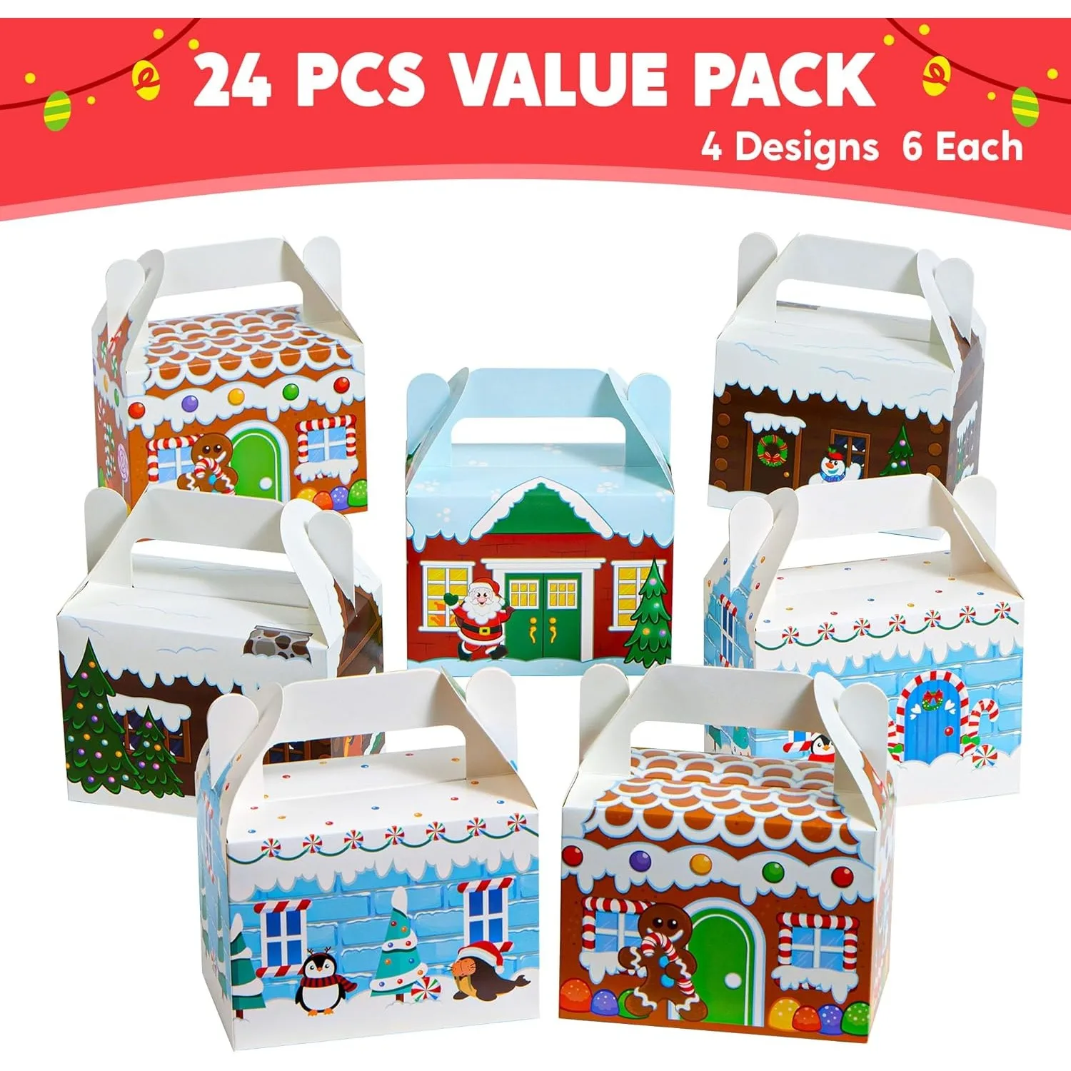 24 PCS 3D Christmas House Cardboard Treat Boxes for Holiday Xmas Goody 6" x 3.5" x 6" Goodie Cookie Boxes for Gift Giving, School Classroom Party Favor Supplies, 4 Designs Cardboard Candy Box