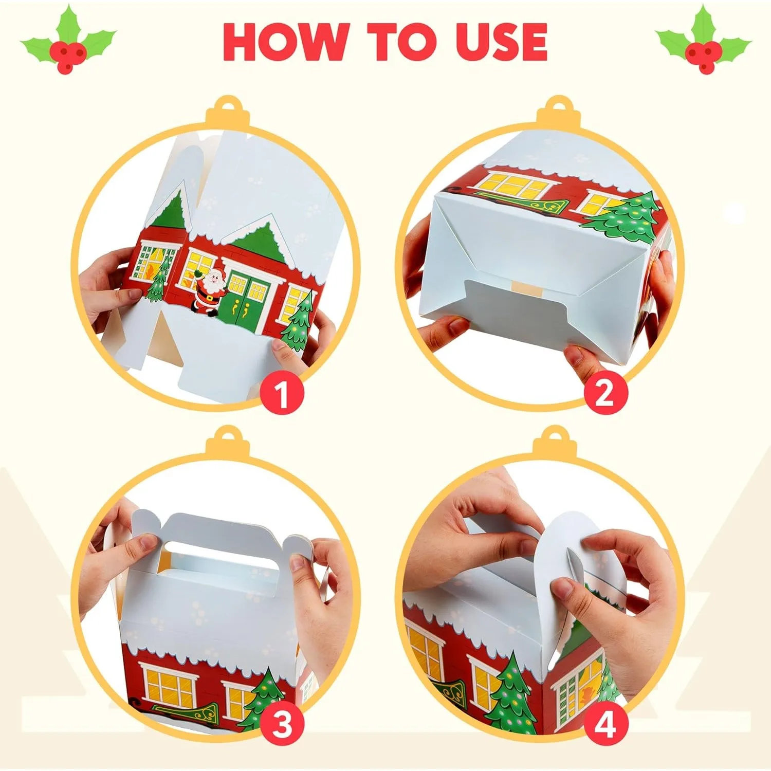 24 PCS 3D Christmas House Cardboard Treat Boxes for Holiday Xmas Goody 6" x 3.5" x 6" Goodie Cookie Boxes for Gift Giving, School Classroom Party Favor Supplies, 4 Designs Cardboard Candy Box