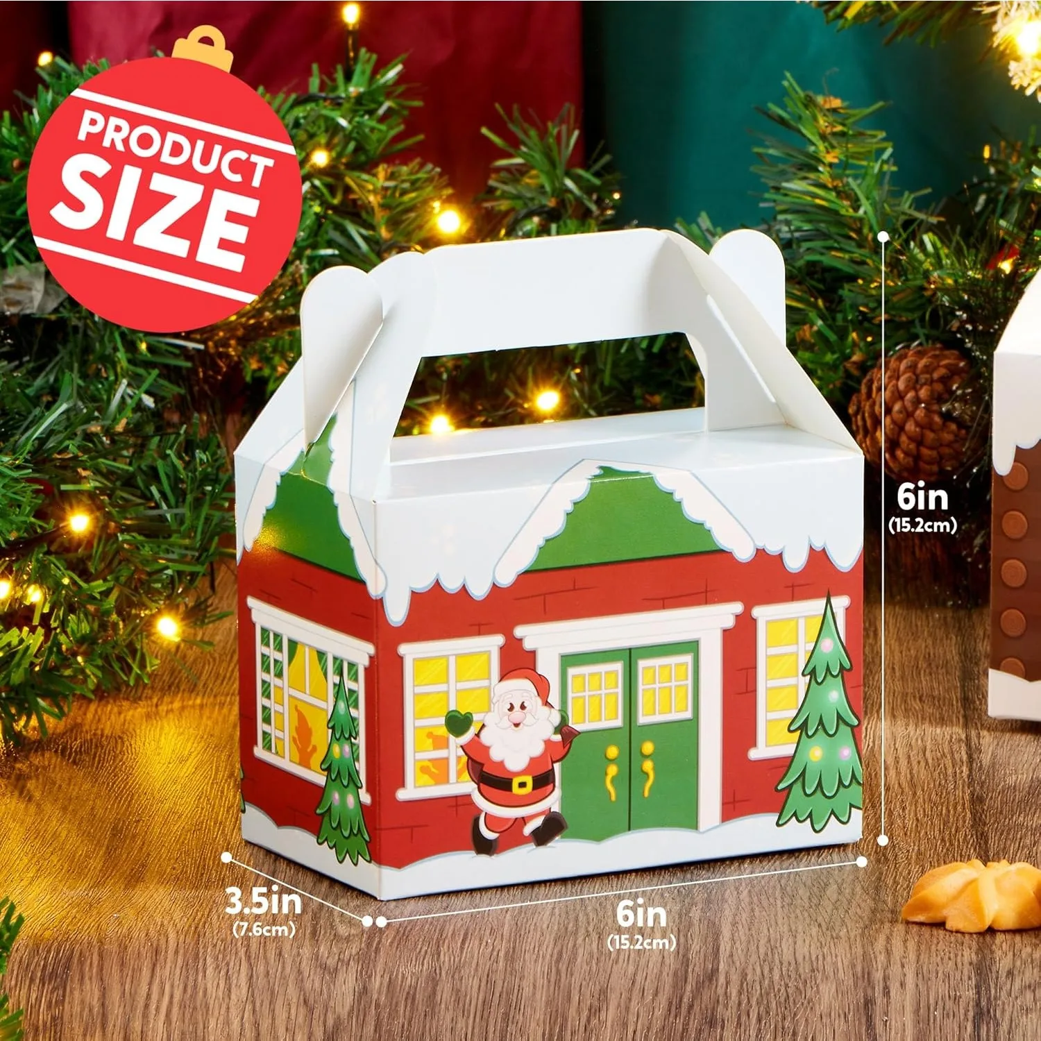 24 PCS 3D Christmas House Cardboard Treat Boxes for Holiday Xmas Goody 6" x 3.5" x 6" Goodie Cookie Boxes for Gift Giving, School Classroom Party Favor Supplies, 4 Designs Cardboard Candy Box