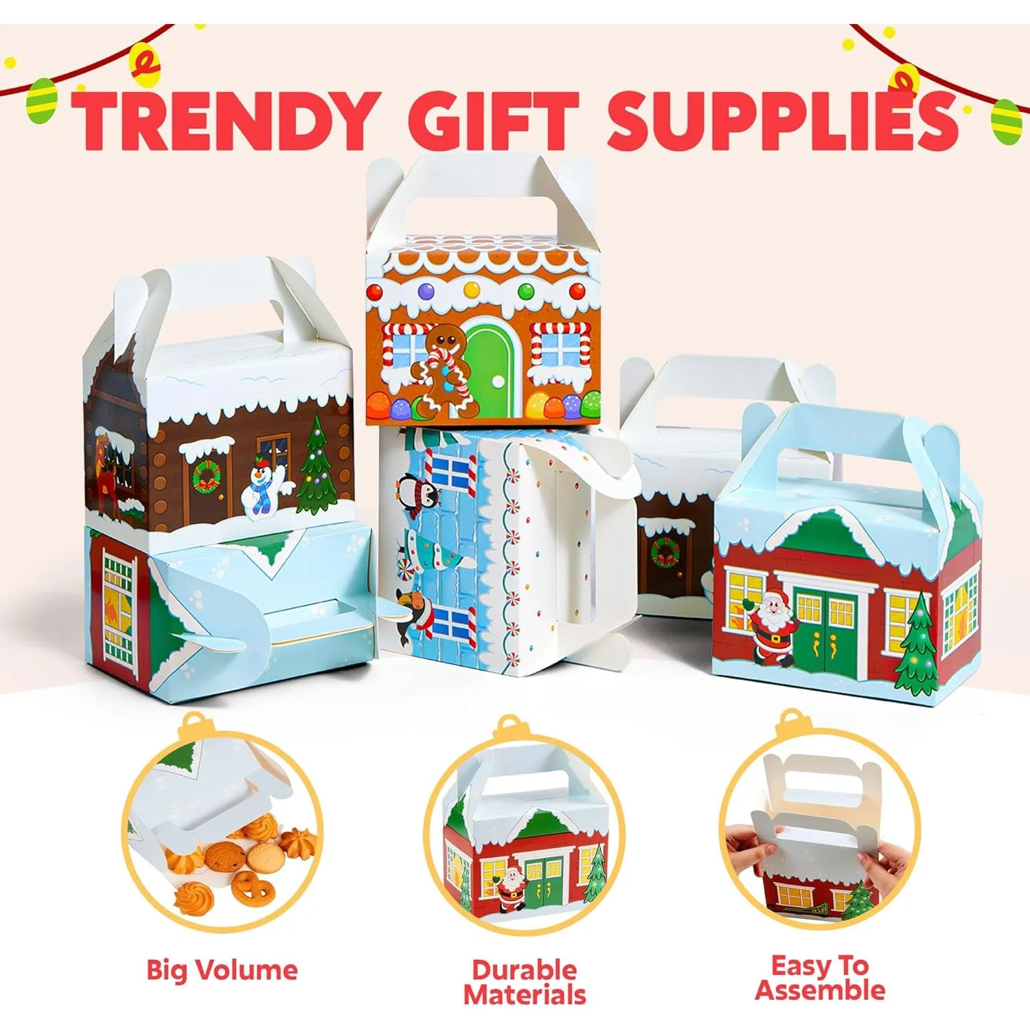 24 PCS 3D Christmas House Cardboard Treat Boxes for Holiday Xmas Goody 6" x 3.5" x 6" Goodie Cookie Boxes for Gift Giving, School Classroom Party Favor Supplies, 4 Designs Cardboard Candy Box