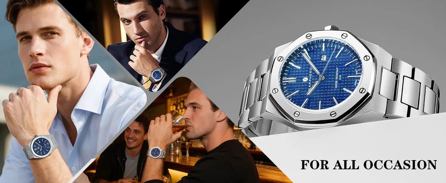 SAPPHERO Men's Quartz Watch Japan Movement Analog Wristwatch Stainless Steel Case Date Display 50M Waterproof Business Casual Fashion Luxury Dress Sport Watch for Men Classic Casual Daily Wear Office Work Travel Birthday Anniversary Holiday Gift