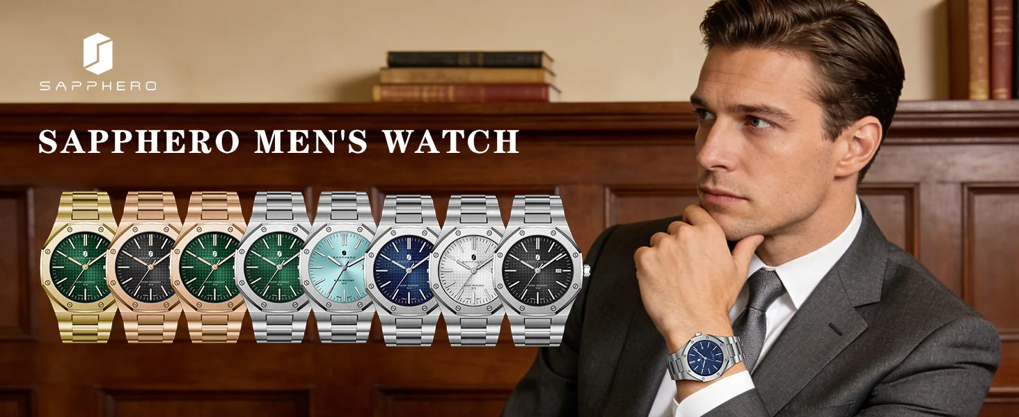 SAPPHERO Men's Quartz Watch Japan Movement Analog Wristwatch Stainless Steel Case Date Display 50M Waterproof Business Casual Fashion Luxury Dress Sport Watch for Men Classic Casual Daily Wear Office Work Travel Birthday Anniversary Holiday Gift