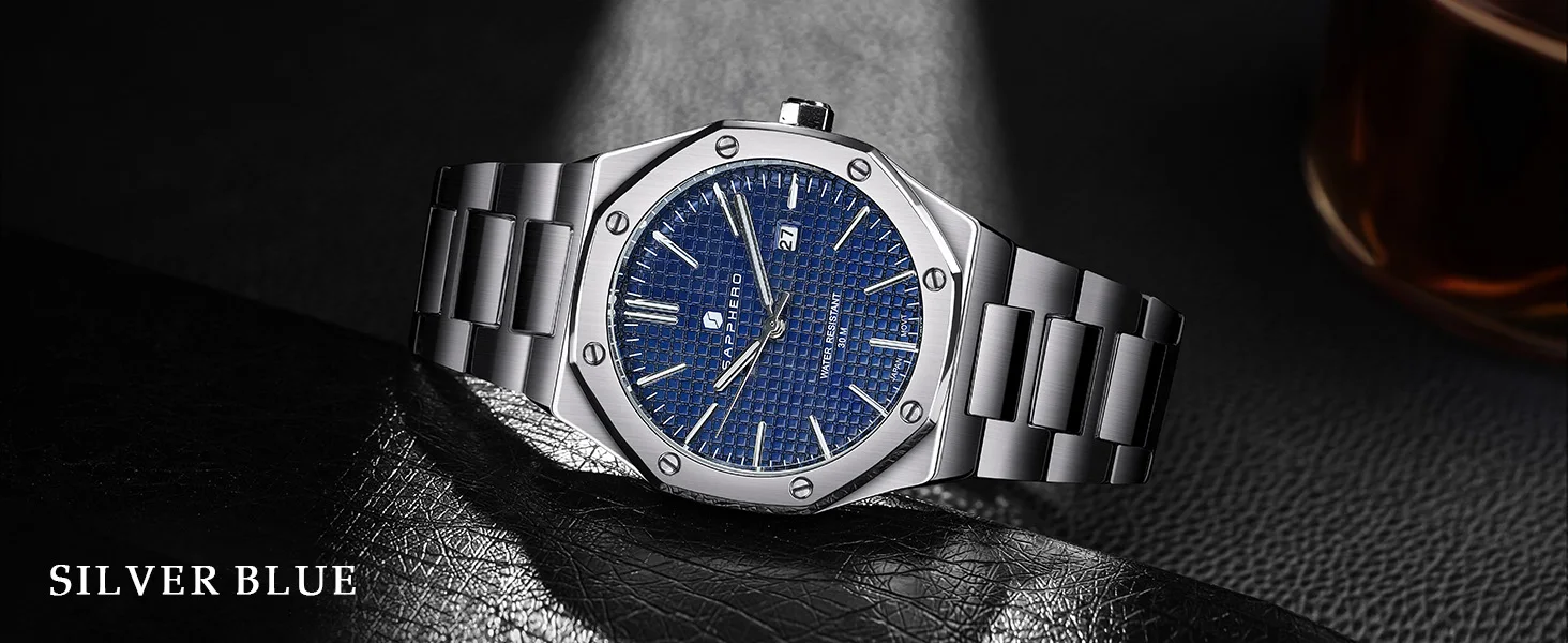 SAPPHERO Men's Quartz Watch Japan Movement Analog Wristwatch Stainless Steel Case Date Display 50M Waterproof Business Casual Fashion Luxury Dress Sport Watch for Men Classic Casual Daily Wear Office Work Travel Birthday Anniversary Holiday Gift