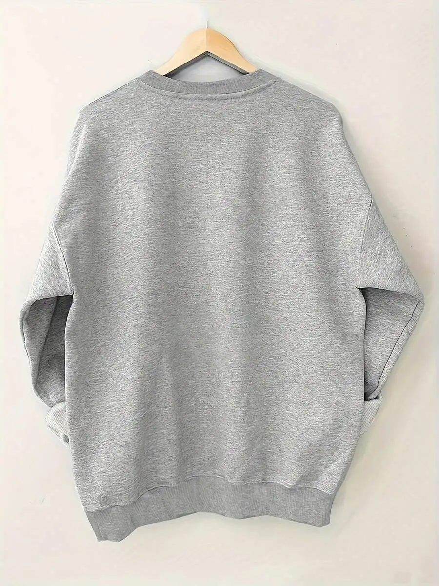 Daily Casual Plus‑Size Women Pullover Sweatshirt, Love Graphic Crew Neck Long‑Sleeve Top, Comfortable Versatile Garment For Home & Going‑Out Outfits