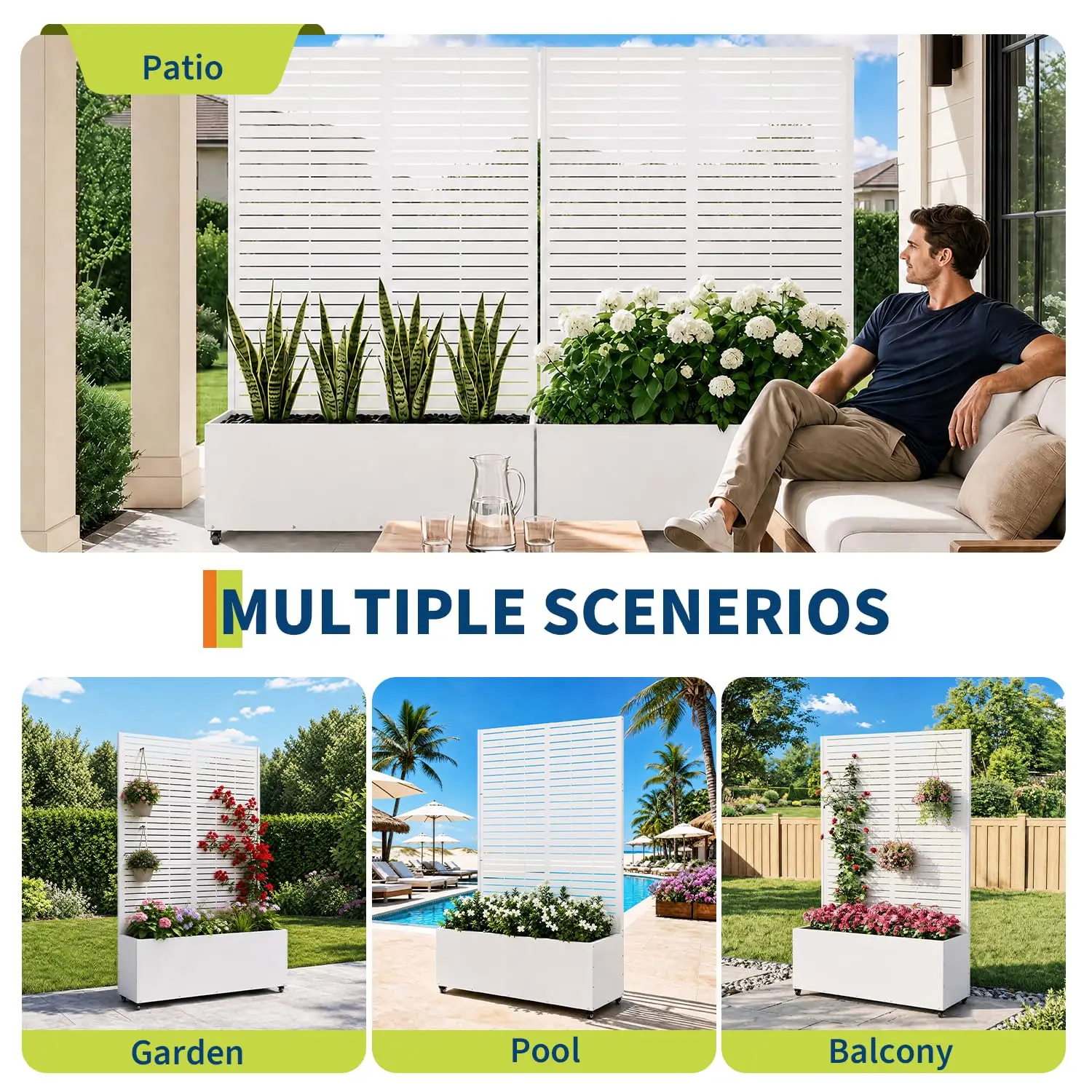 71in Metal Planter Box Trellis With Wheels Raised Garden Bed Privacy Screen For Climbing Plants Vegetables Vines Patio Balcony