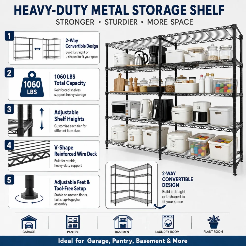 Heavy Duty Metal Storage Shelving Rack 4/5 Tier Adjustable Wire Shelf Garage Organizer 1060LBS Capacity Steel Storage Rack L Shape Corner Shelf Boltless Assembly for Pantry Basement Workshop
